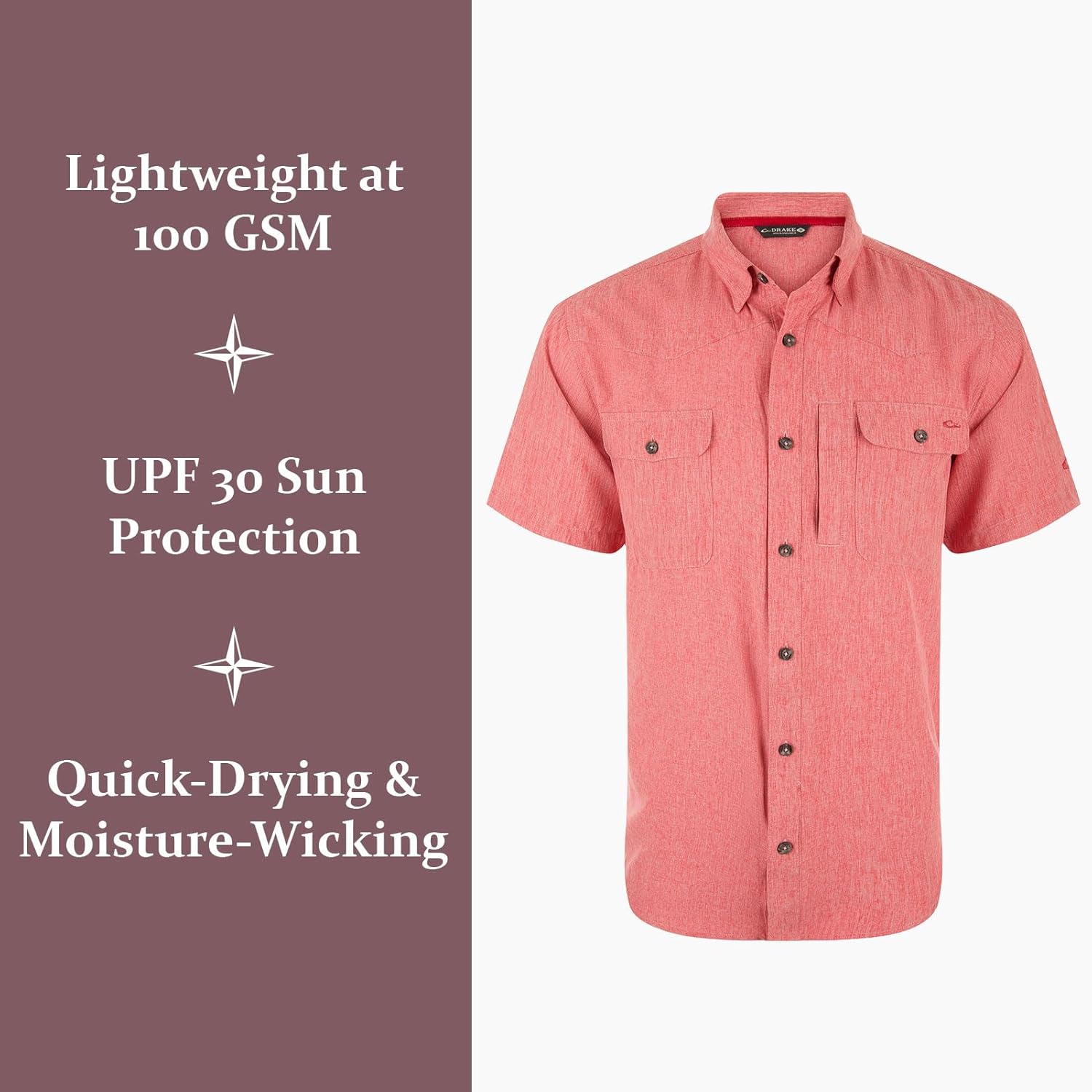 Drake Waterfowl Men's Cinco Ranch Chambray Performance Short Sleeve Shirt - Lightweight Quick-Drying Casual Button-Down Shirt