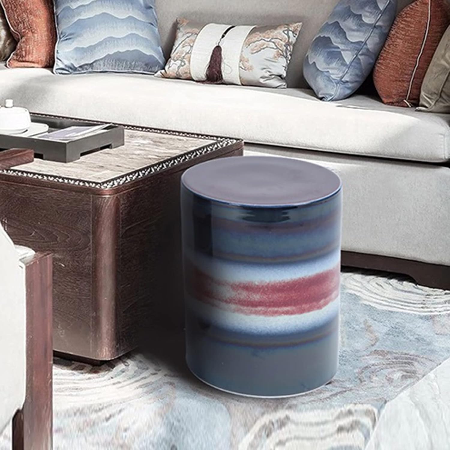 Decorative garden stools, Round Ceramic Drum Stool，Dressing Stool，Garden Decorative Stool, Suitable for Garden, Patio, Lawn(A)