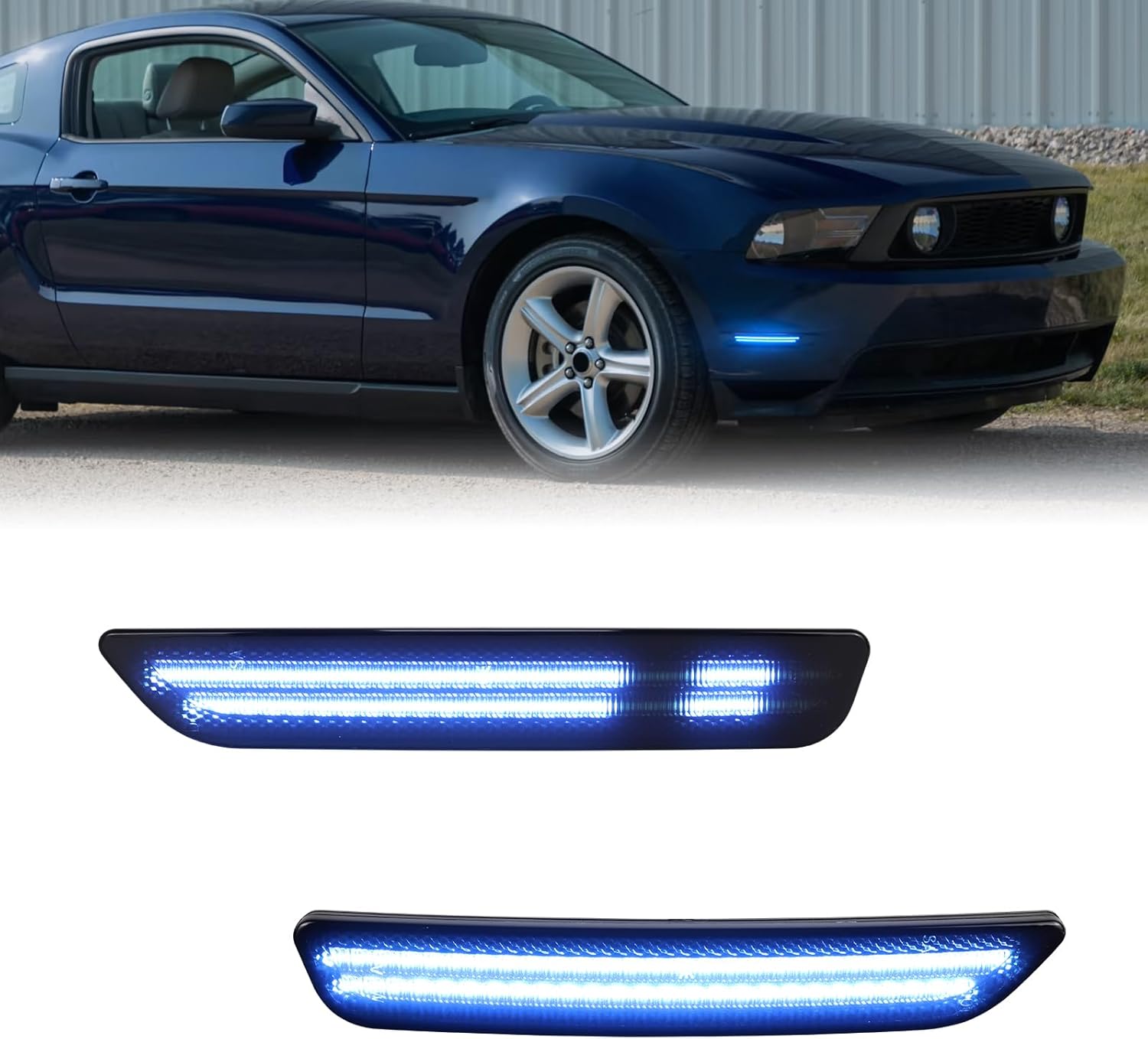 Dynamic Front Side Marker Lights Compatible With 2010-2014 Ford Mustang Assembly, Side Bumper Marker Reflectors Lamp, Dual Rows Driver & Passenger Side Bumper White Lights, Smoked Lens 2PCS