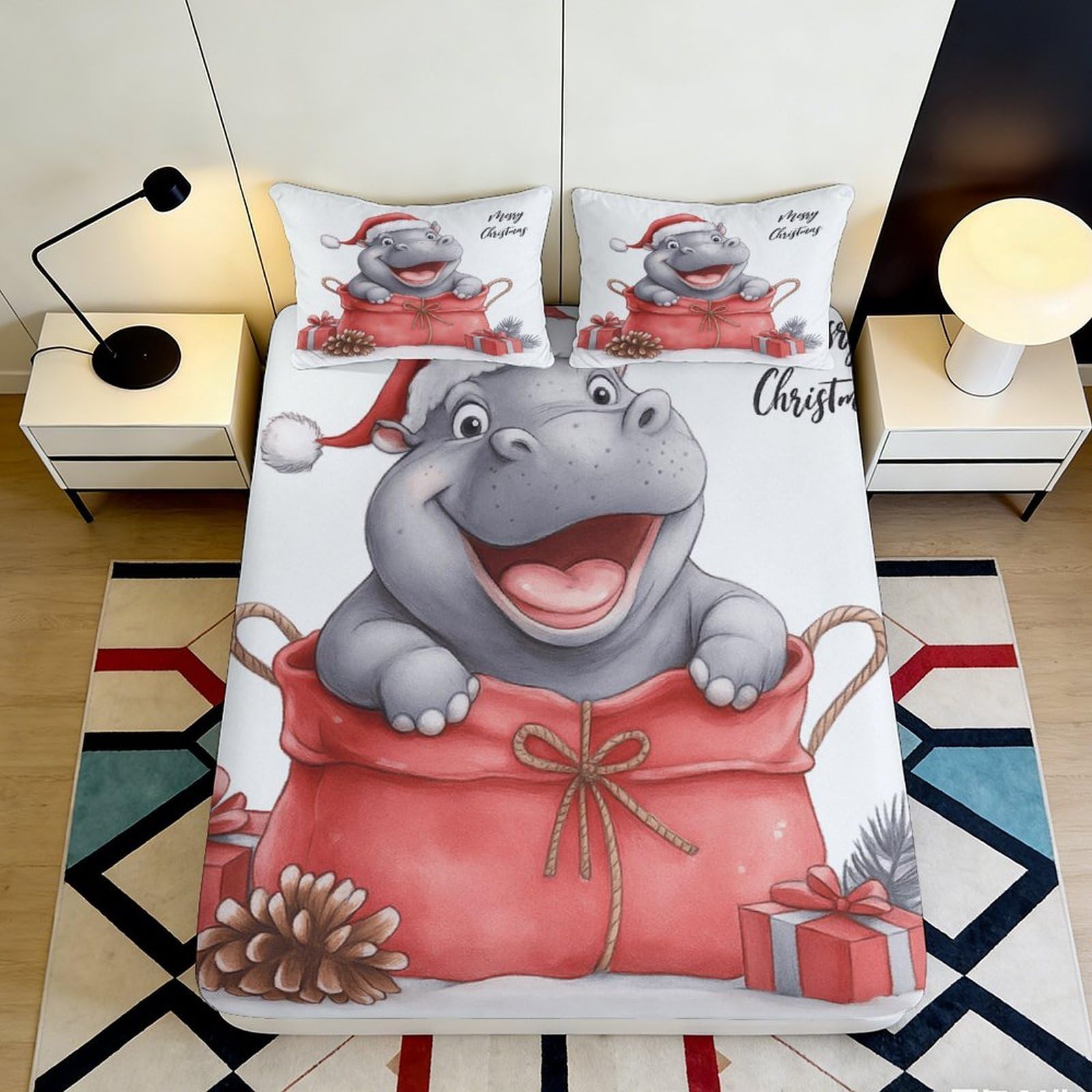 3D Printed Christmas Hippo Fitted Sheet Microfiber Anti-Slip Bed Cover Cartoon Gift Decor for Bedroom Dorm Guest Room 90x200x25cm
