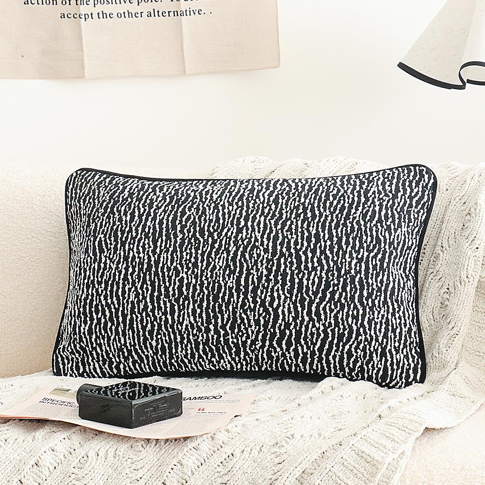Jonhier Black White Boho Textured Abstract Throw Pillow Cover, Geometric Minimalist Lumbar Pillowcase for Couch Sofa Bed, Modern Neutral Boucle