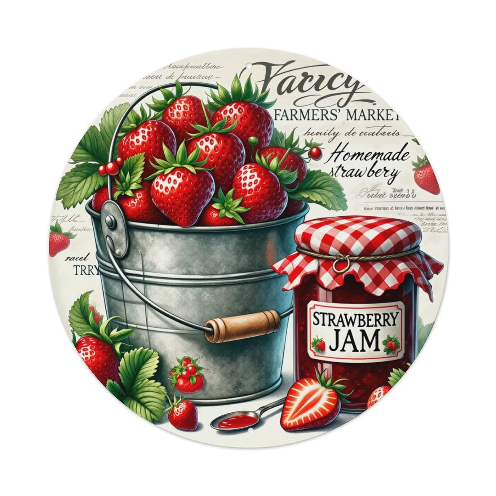 Strawberry Jam Bucket Leaves Round Tin Sign Retro Metal Sign for Cafe Bar Pub Home Game Room Gym Club Wall Decoration Vintage Metal Poster 8x8 Inch