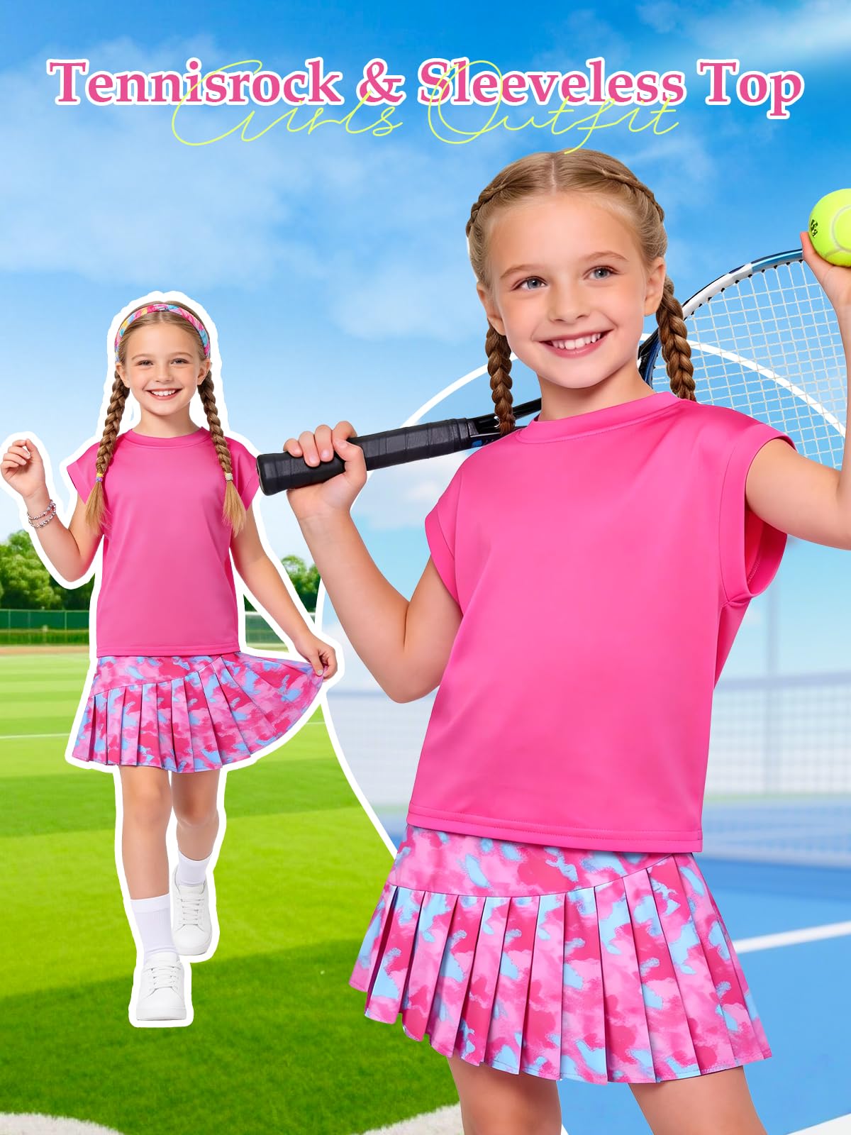 Tenue de tennis pour fille, t-shirt sans manches, jupe plissée avec poches intérieures pour short, combinaison de sport pour golf, badminton et skateboard