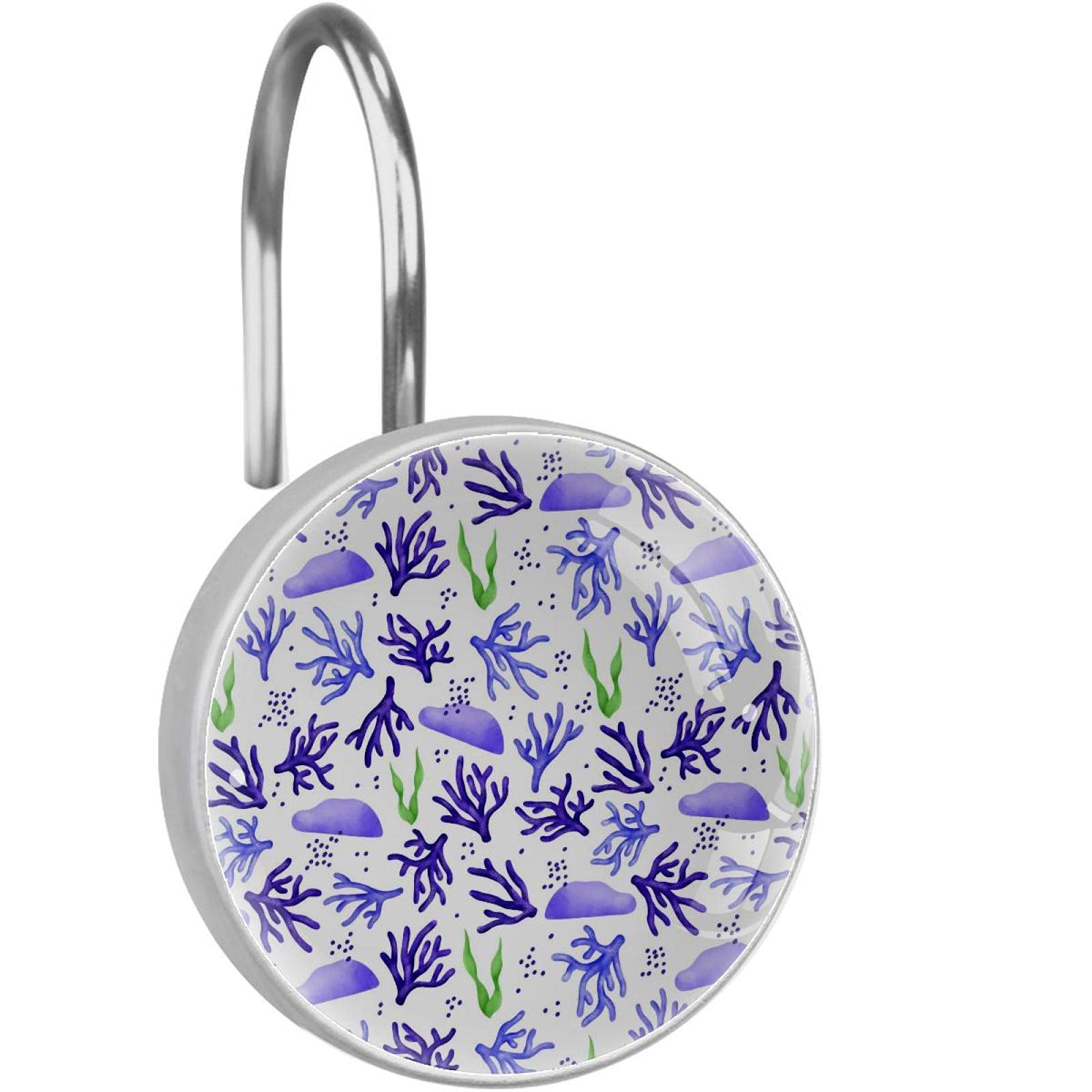 Crochets pour rideau de douche inox violet décor corail haut de gamme - Lot de 12