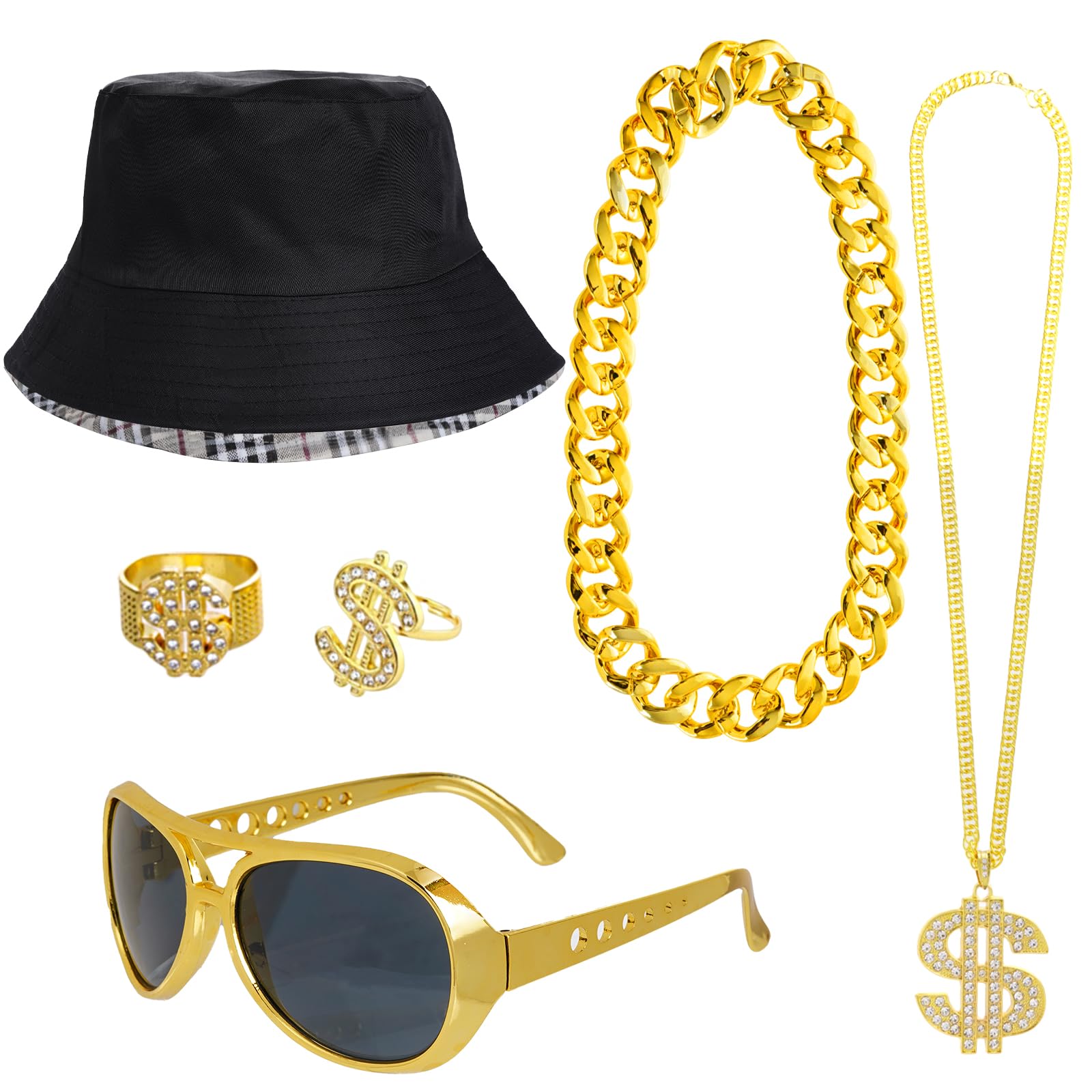Qwrqwr Rapper Hippie Costume Accessories Gold Digger costume with King of Disco Gold Money Chain Songs Glasses Hippie Hat Bracelet 80s Fancy Dress for Men Women Carnival Party (A)