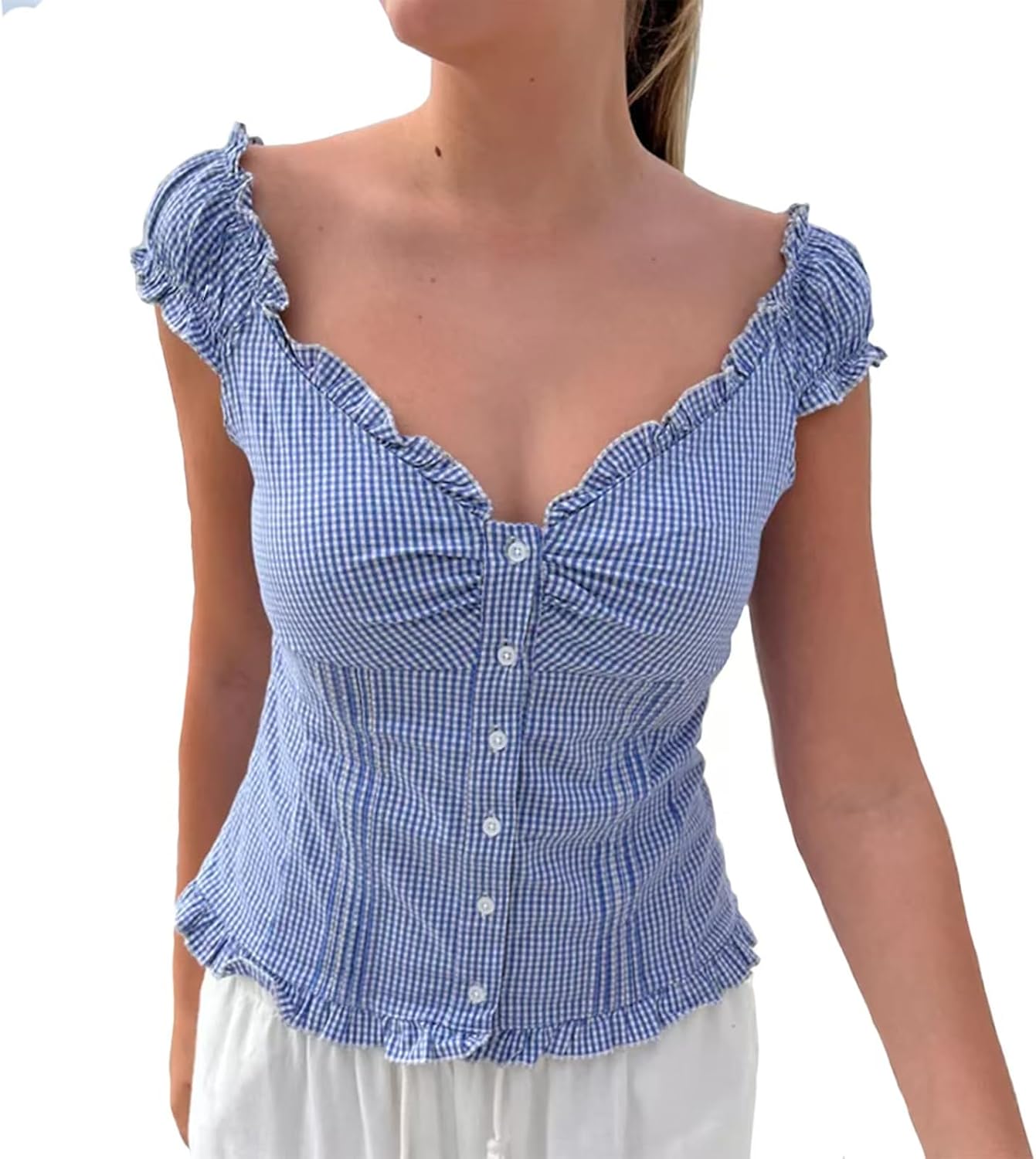 Women Button Down Lace Top V Neck Ruffle Sexy Low Cut Cap Sleeved Babydoll Cute Shirt Slim Fit Coquette Blouse