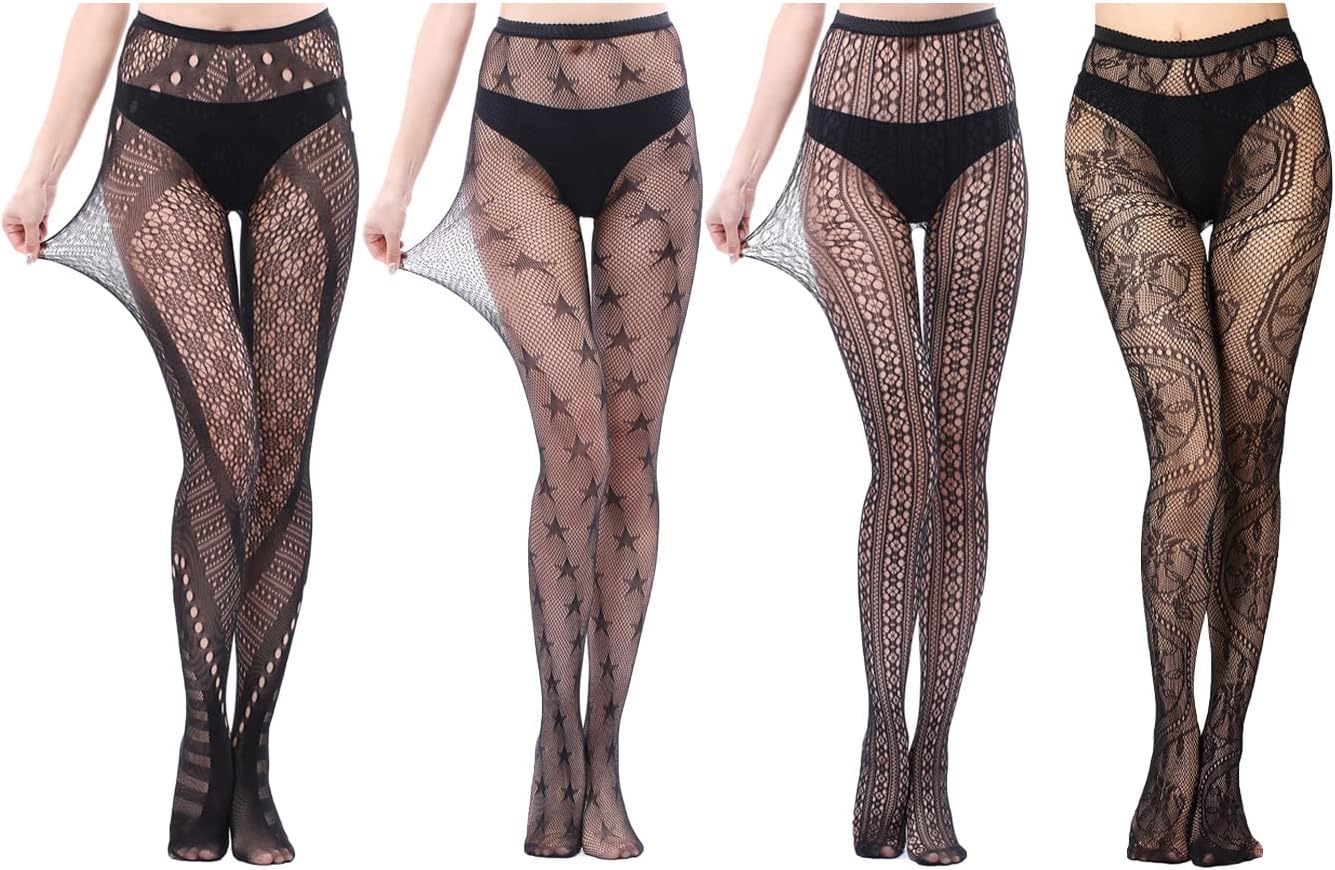 Faringoto Women Sexy Tights Fishnet Thigh-high Stockings Pantyhose Black Pattern 4-11 Pack