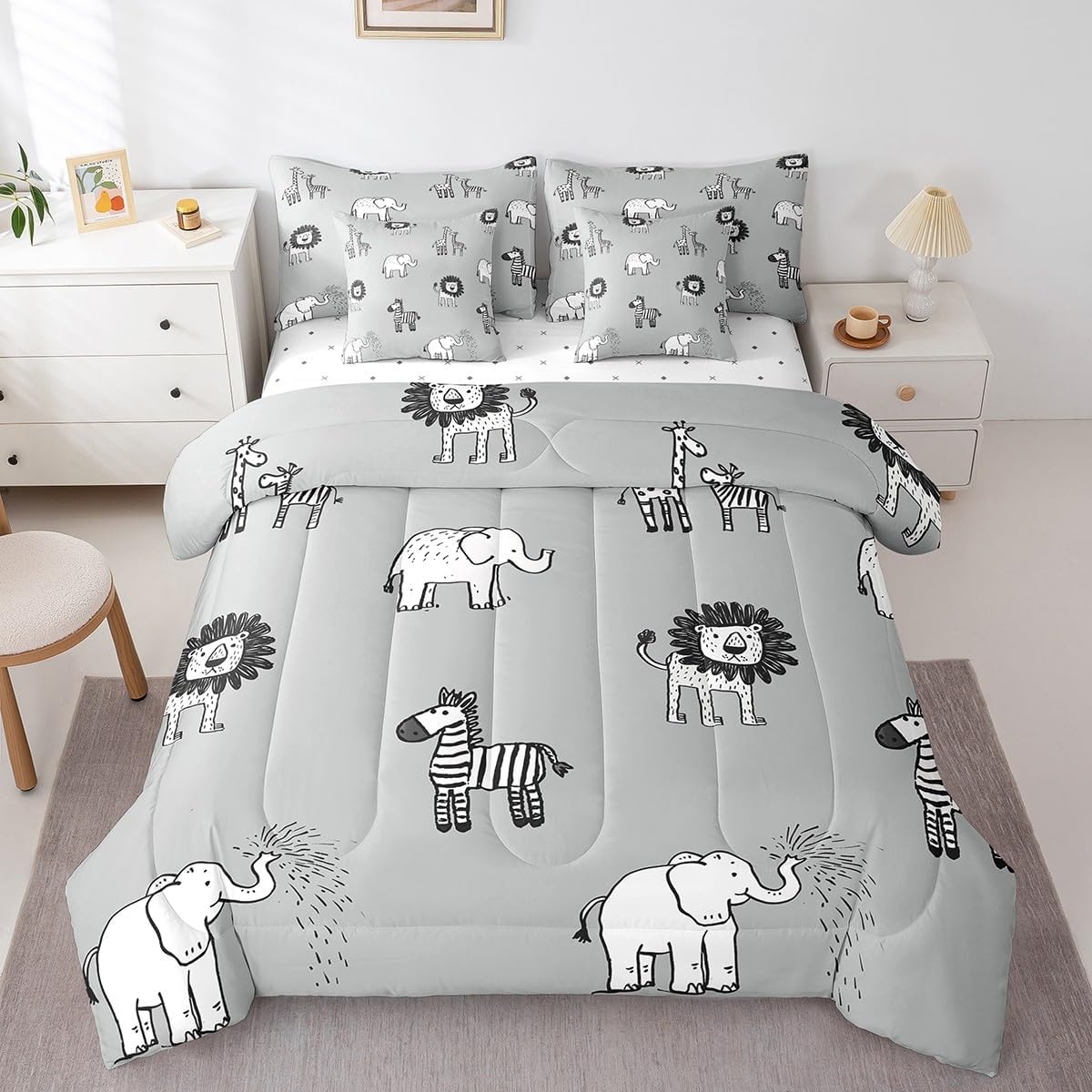 Erosebridal Kids Comforter Set for Kids Boys Girls,Cartoon Zoo Animal Comforter King,Lion Elephant Zebra Bedding Sets with Sheets,Farm Style Comforter with Sheets Pillow Covers Lightweight Warm