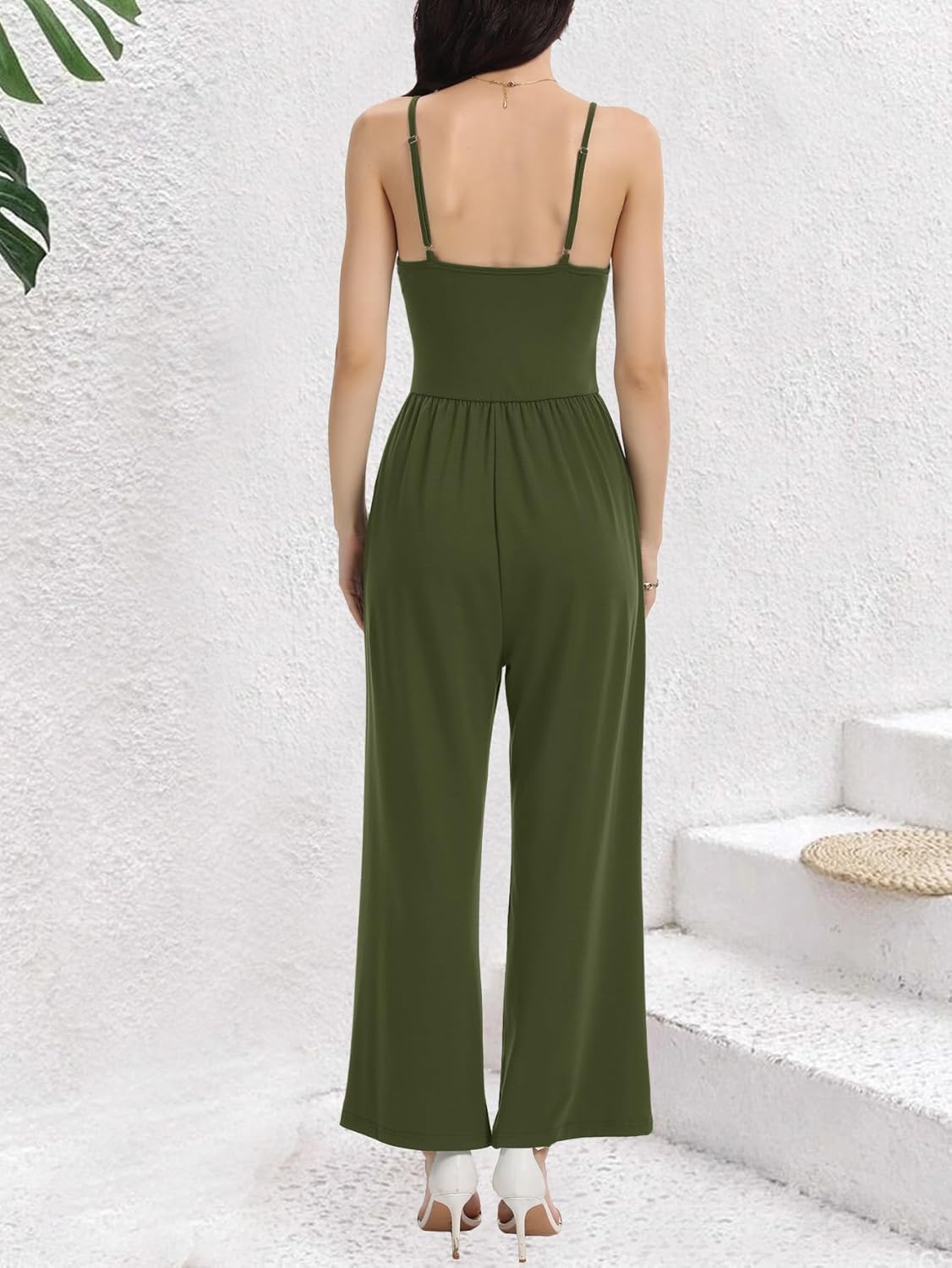 AUXDIO Women's Casual Sleeveless Jumpsuits One Piece Spaghetti Strap Crew Neck 2025 Wide Leg Pant Romper with Pocket - Image 5
