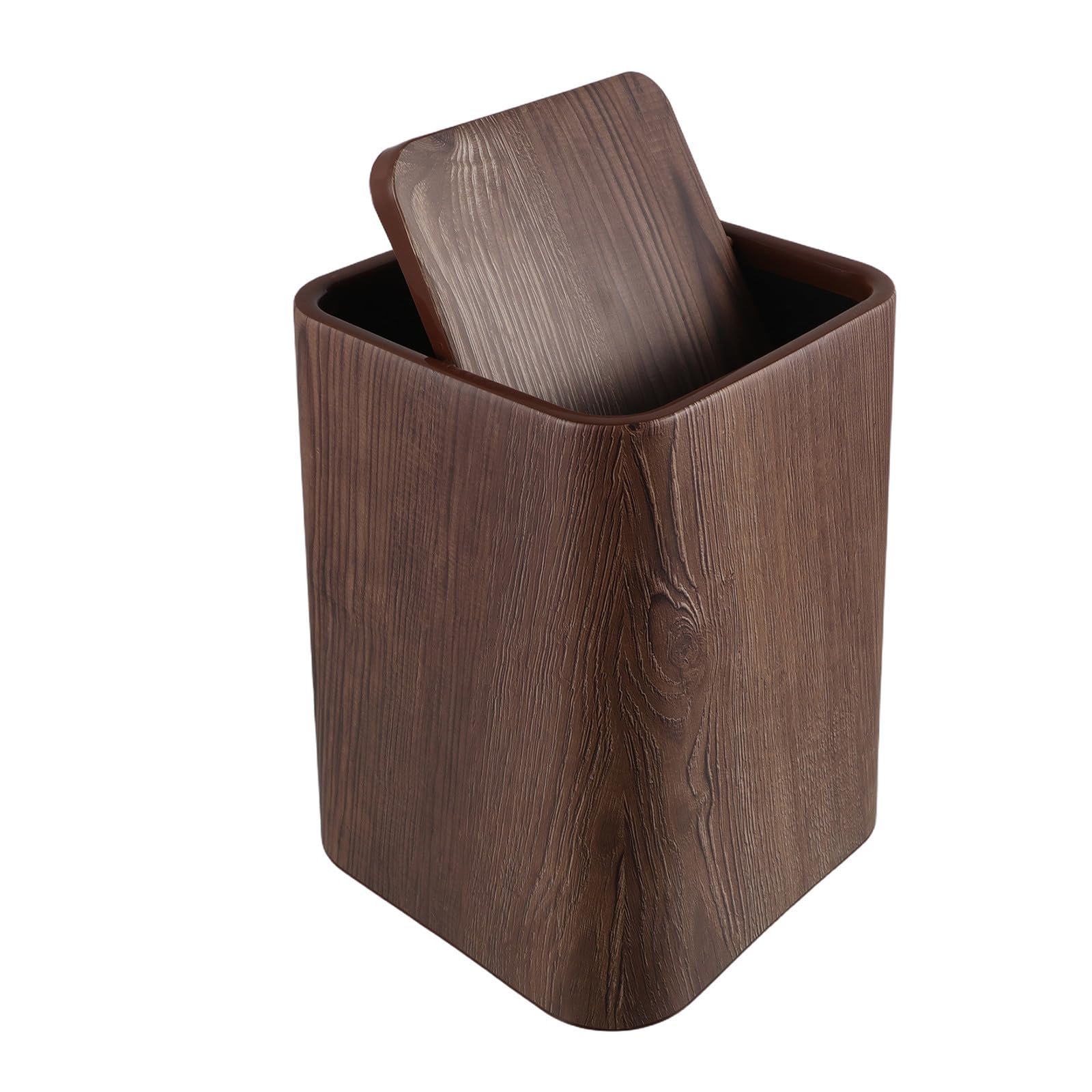 Papelera Rectangular de Plástico Imitación Madera Nogal con Tapa Abatible