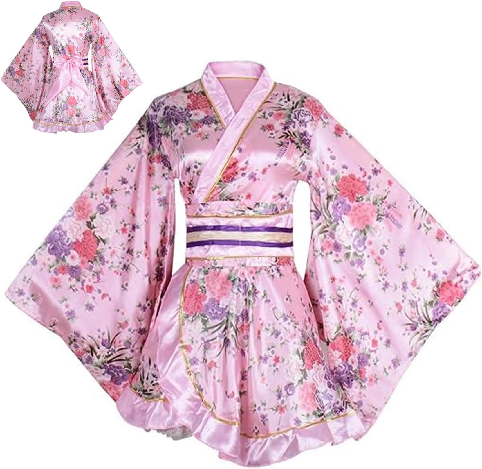 JeorywoetJeorywoet Japanese Kimono One Size Fits Most Kimonos for Women Imitation Silk Bathrobe Sleepwear with Obi Belt Short Geisha Yukata Floral Pattern Gown Blossom for Anime Cosplay, Japanese Dresses