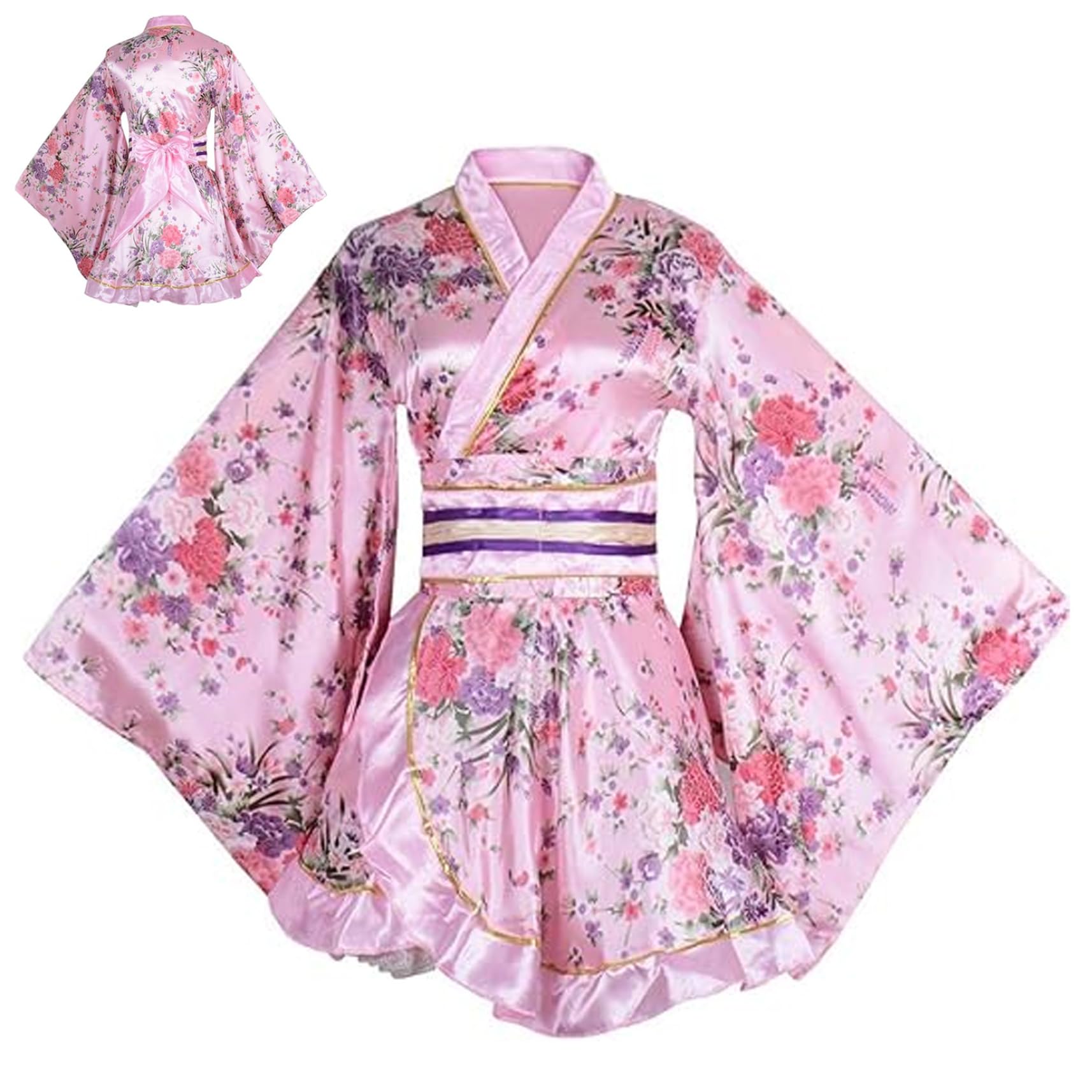 JeorywoetJeorywoet Japanese Kimono One Size Fits Most Kimonos for Women Imitation Silk Bathrobe Sleepwear with Obi Belt Short Geisha Yukata Floral Pattern Gown Blossom for Anime Cosplay, Japanese Dresses