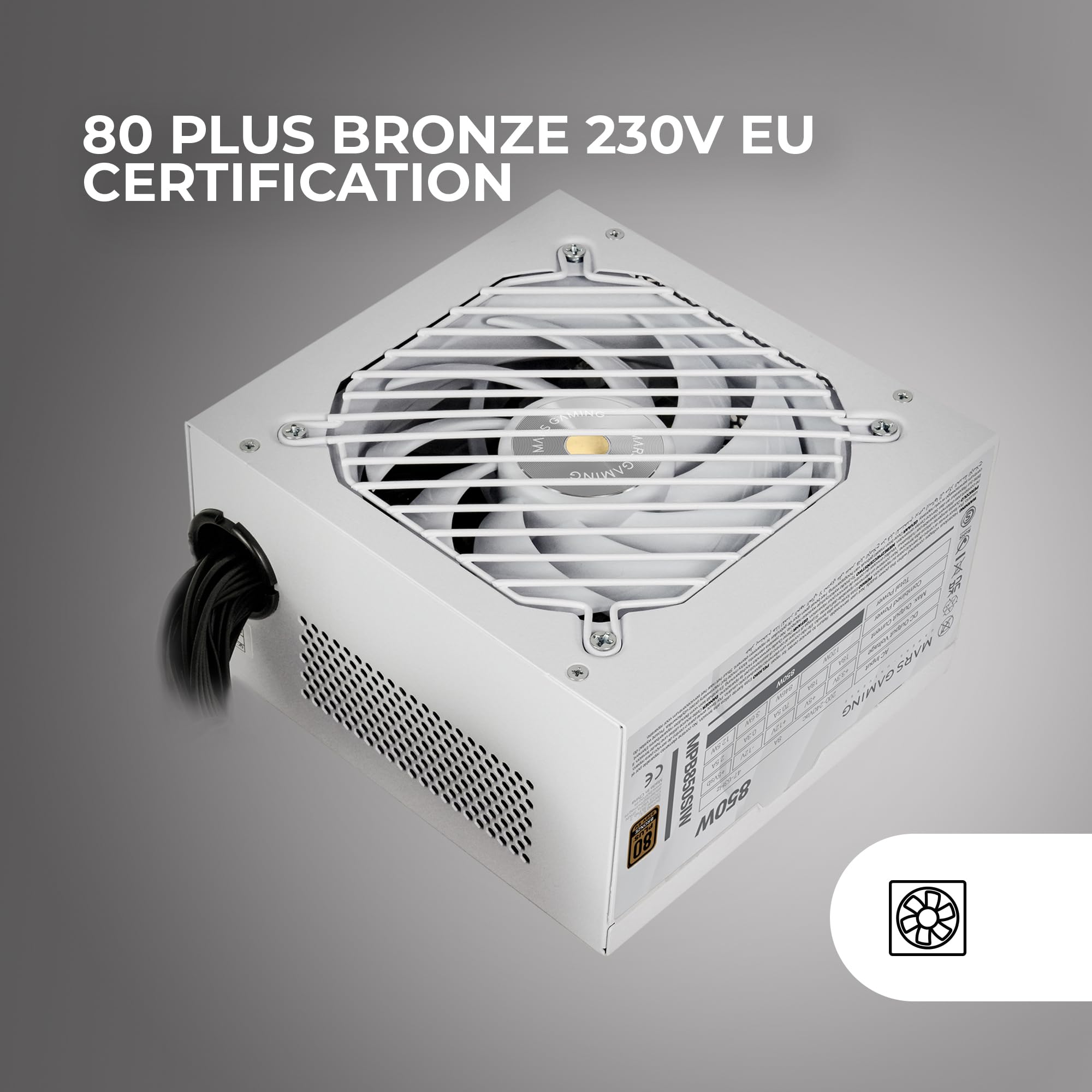 Mars Gaming MPB850SI, Alimentatore PC ATX 850W, 7 Anni di Garanzia, 80Plus Bronze 230V, 90% di Efficienza, Ventola SI Extreme Silence con Nucleo in Rame, Tecnologie AI2-RPM, DC-DC e SMD, Bianco