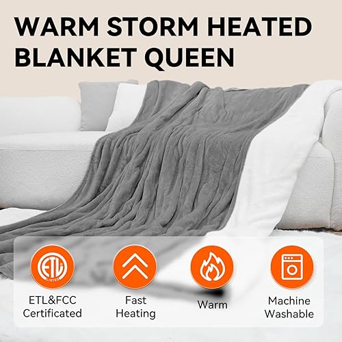 Miniatura 5 de Warm Storm Manta eléctrica tamaño Queen, franela antiestática y sherpa, 10 niveles de calefacción, 12 horas de apagado automático, lavable a