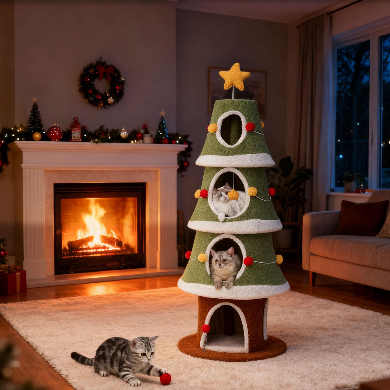 GYMAX 154 cm Árbol de Navidad para Gatos, Torre Multinivel para Gatitos con 4 Condominios, Alfombra Rascadora de Sisal, Juguete Colgante y de Resorte, Mueble de Escalada para Gatos (Estilo 5)