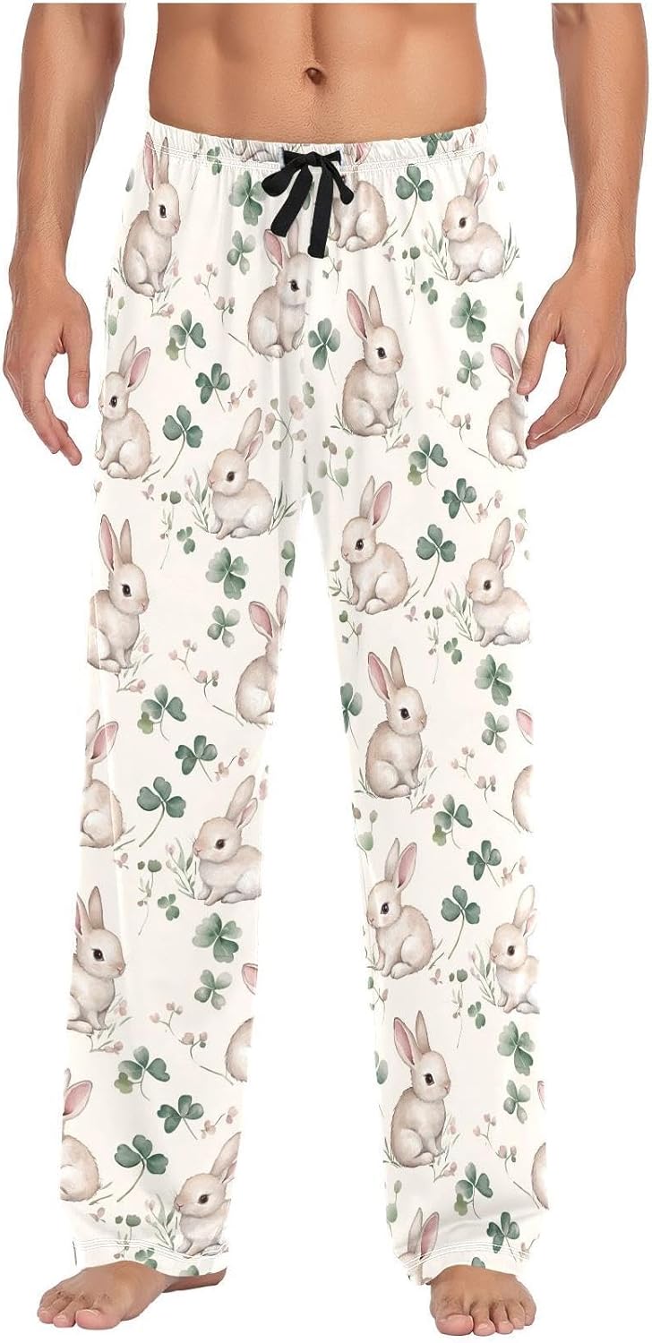 ZZKKO Mens Lounge Pajama Pants for Men Cute Watercolor Bunnies Men's PJ Bottoms Lounge Sleepwear With Pockets Drawstring Long Pants 100% Cotton XL