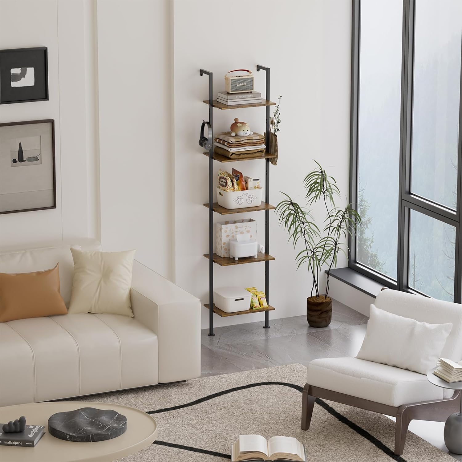 Aduanbang 5-Tier Ladder Shelf, Wall Mounted Wooden Bookshelf with Metal Frame, Vintage Leaning Storage Rack for Living Room, Bedroom, Home Office – Rustic Brown Open Display Shelves