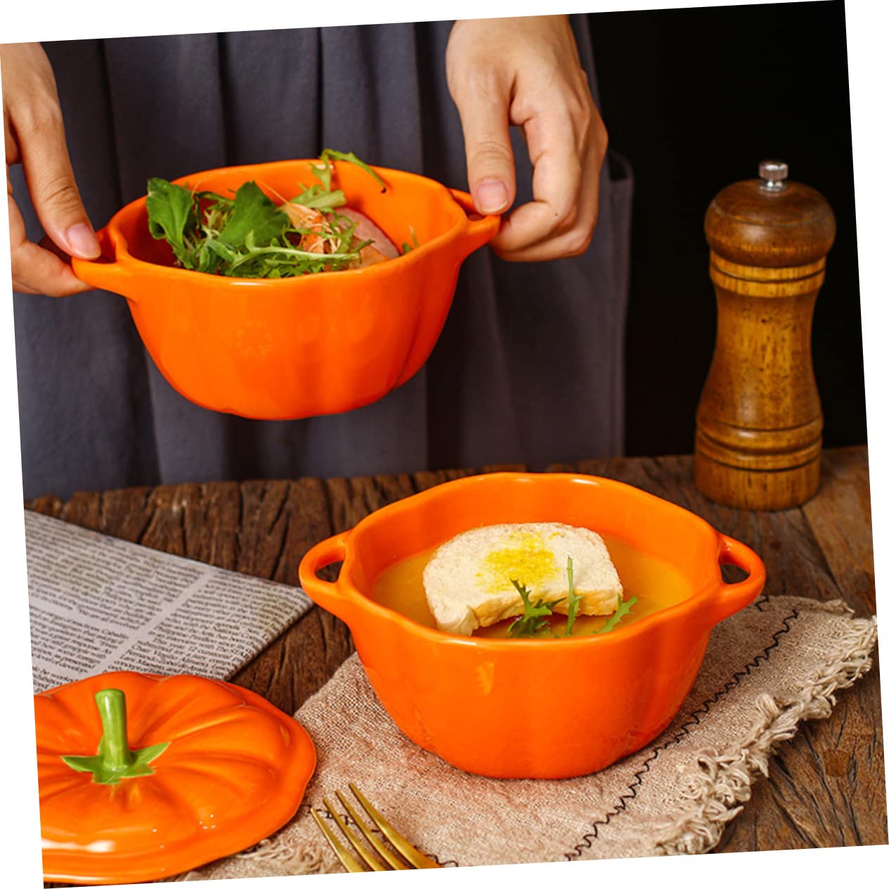 Kürbisschale Geschenkideen aus Keramik mit Deckel, Orange, Kreative 1 Stück