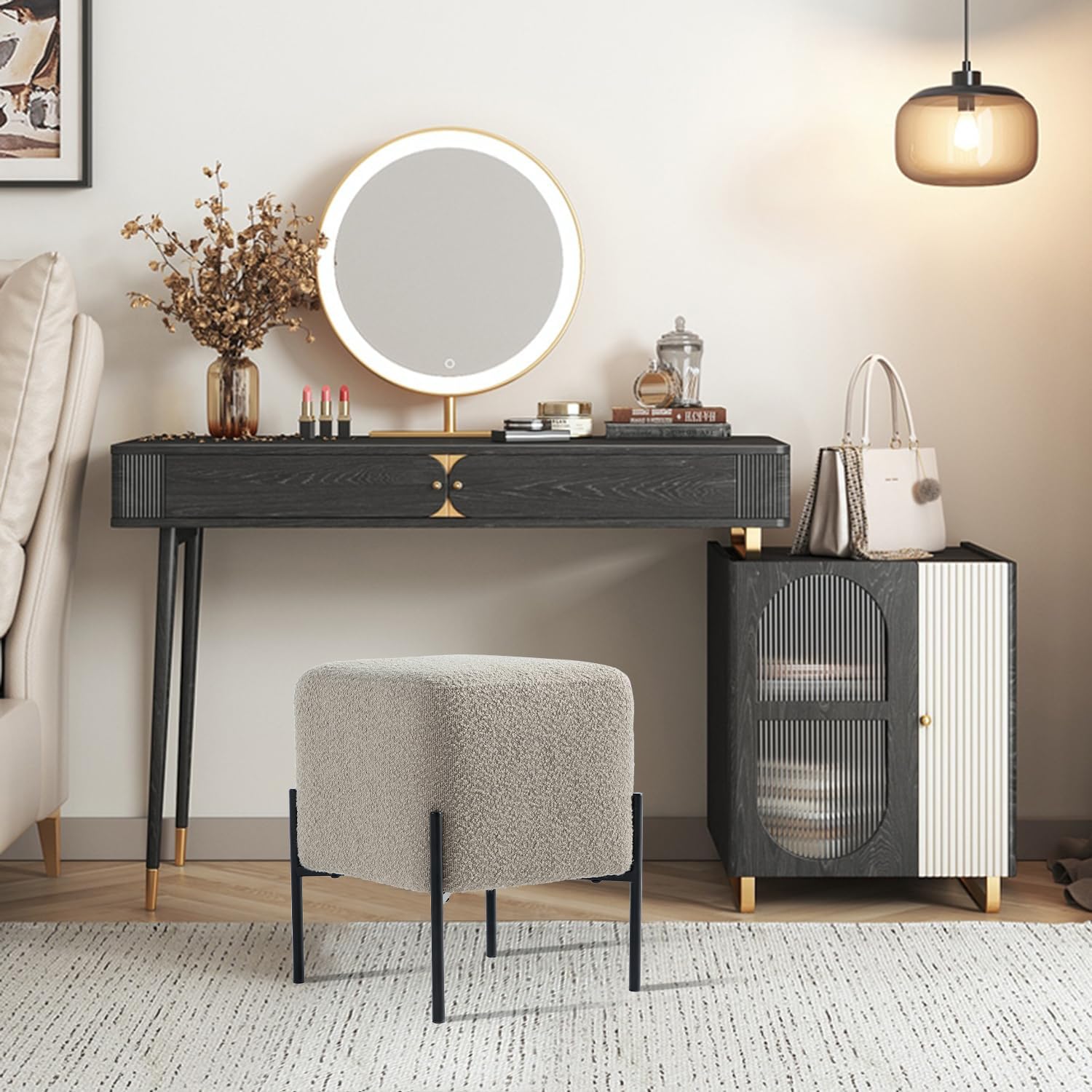 Get Set Style Modern Stool Ottoman Boucle Vanity Stool Chair, Upholstered Foot Rest Sofa Side Foot Stool Ottoman Seat for Living Room, Bedroom, Entry, Hallway, Office, Taupe