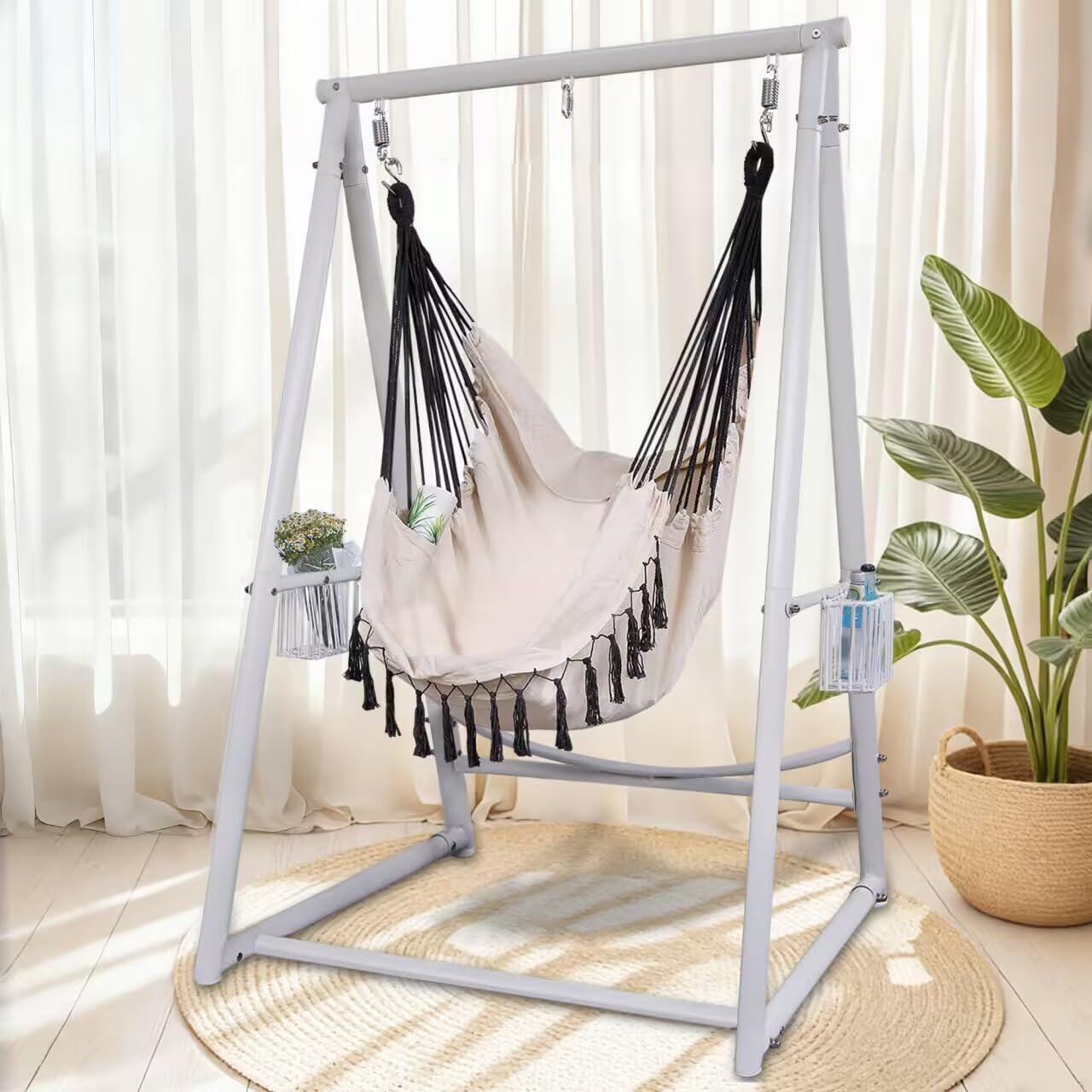 YOXIFOC Reinforced Base & Triangular Structure Hammock Stand with 2 Storage Baskets, Swing Stand with 3 Hooks Fit for Most Hanging Chair for Oudoor&Indoor (with Chair) (White)