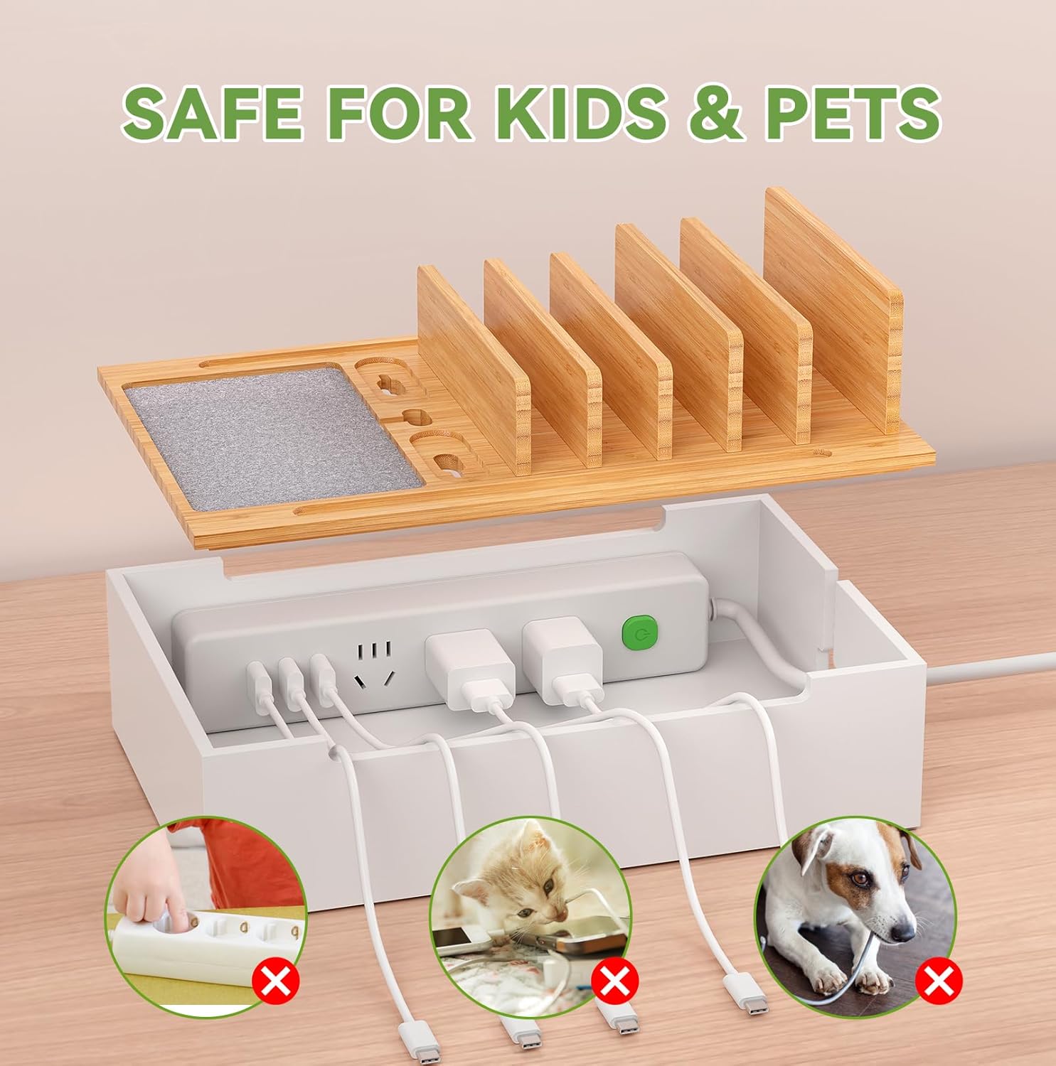 Pezin & Hulin Bamboo Charging Station for Multiple Devices, USB Charger Dock Organizer, with Power Supply (10 Ports HUB), 6 Cables, Cable Management Organizer for Cell Phones, Tablets -Natural+White