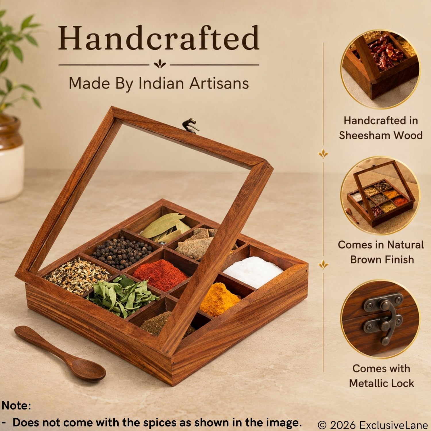 ExclusiveLane Sheesham Wooden Spice Box for Kitchen with Spoon (Non Removable Partitions, 50 ml, Brown) |Wooden Masala Box for Kitchen Dabba Dani Masala Container Spice Box Wooden Namak Masala Dani — Amazon image 3