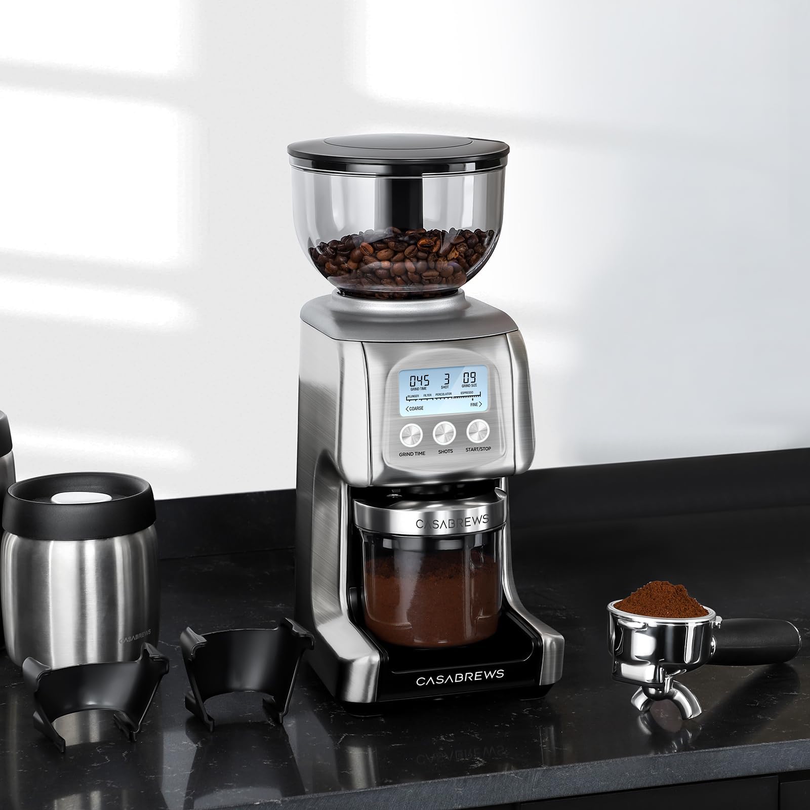 CASABREWS Moulin à café électrique, Broyeur Cafe Grain avec 77 Réglages de Mouture Précise, Moulin café Avec RéGlage De La Tasse Et De L'Heure, Du Porte-Filtre, écran LCD, 400g