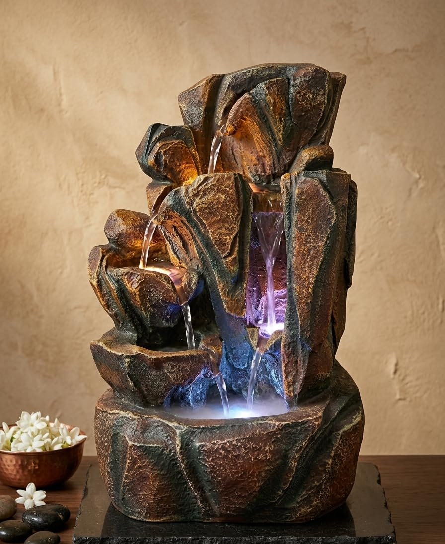 Ani Divine Brown Roack Mountain LED Water Fall Fountain || Big 16 Inch Table Top Indoor Outdoor Showpiece for Home Decor, Living Room, Gifting, Entrance-image-34