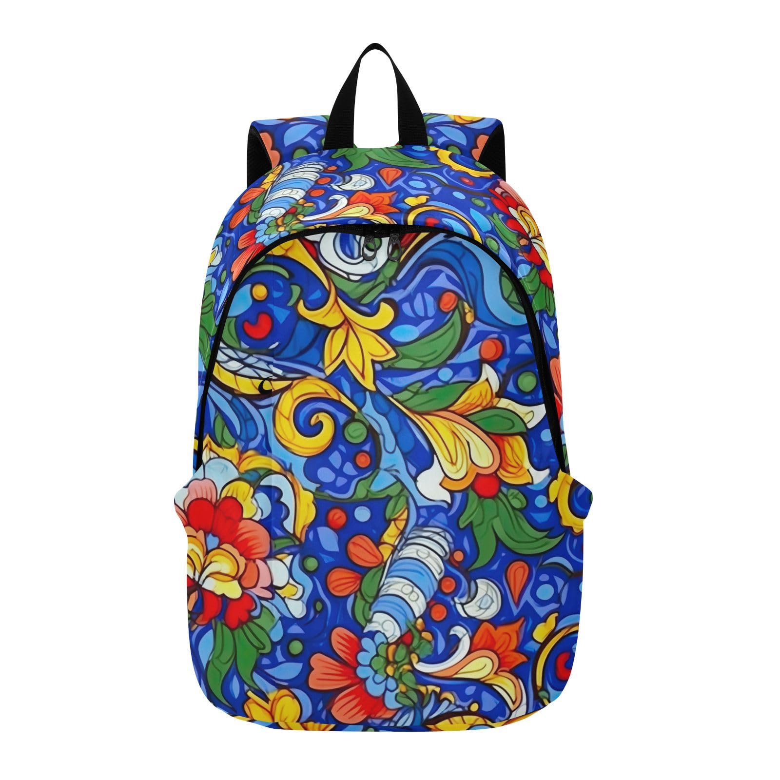 MCHIVER Travel Backpack Blue Boho Flowers Casual Daypack Backpacks Lightweight Carry on Bag Water Resistant Hiking Backpack for Women Men