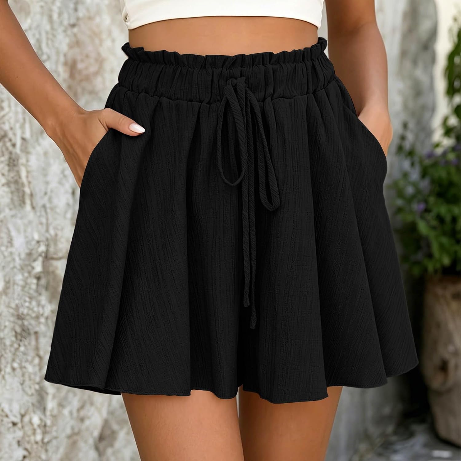 Flowy Shorts for Women High Waisted Drawstring Casual Summer Beach Vacation Shorts with Pockets Solid Color Outfit