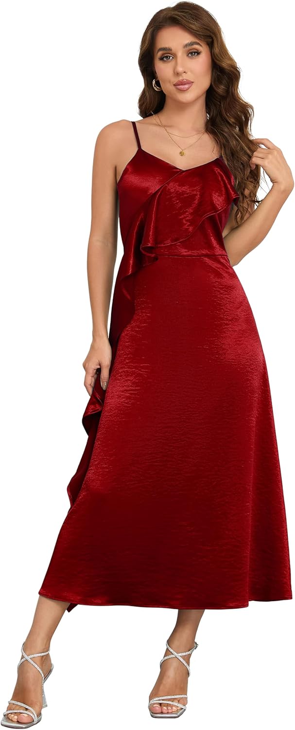 Women's Spaghetti Strap Midi Satin Silk Dresses Ruffle A Line Party Cocktail Evening Formal Dress - Image 2