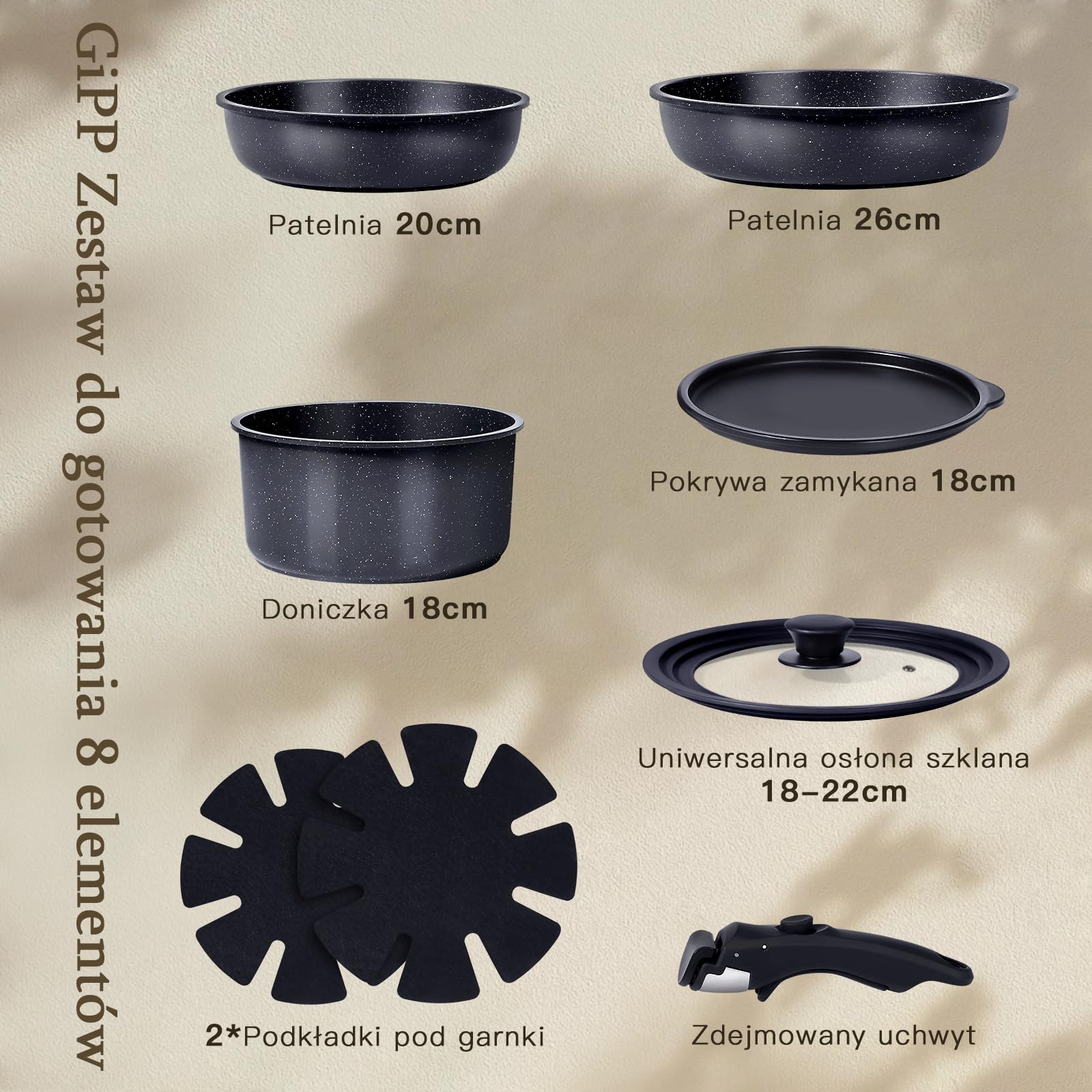 GiPP Zestaw 8 Sztuk Naczyń z Powłoką Nieprzywierającą, Aluminium, Czarny, Odłączany Uchwyt