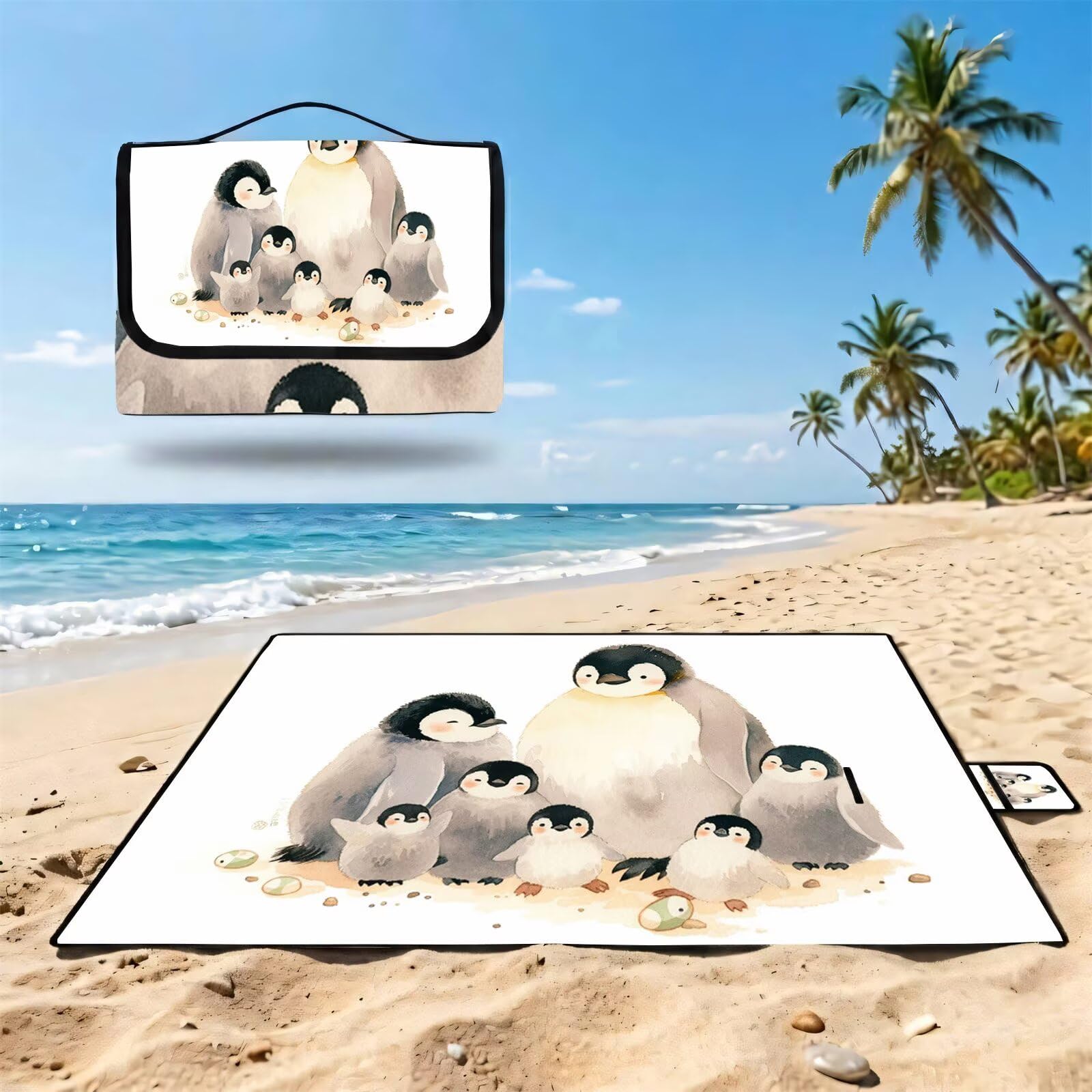 Couverture Pique Nique Grande 200x300cm,Outdoor Couverture Imperméable,Pliable Tapis de Plage Dos en PVC,Picnic Blanket pour Camping Accessoires,Jardin,Parc,Famille - de Mignons Pingouins UZ-877