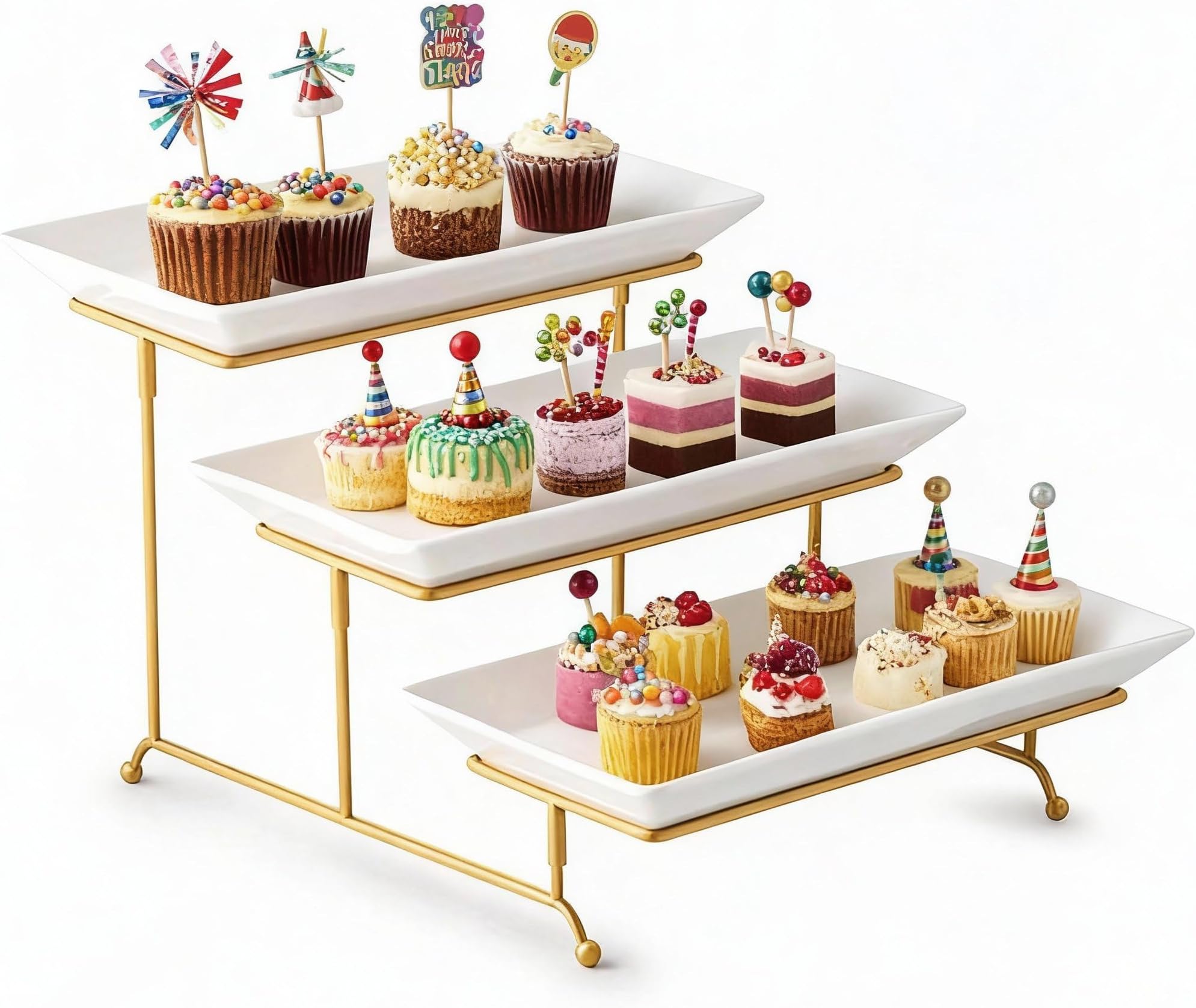 Gomakren 3 Tier Serving Stand with Porcelain Serving Platter Tray - Collapsible Gold Stand with 3 Piece Large14 Inch White Plates for Food Presentation Dessert Server Display and Entertaining
