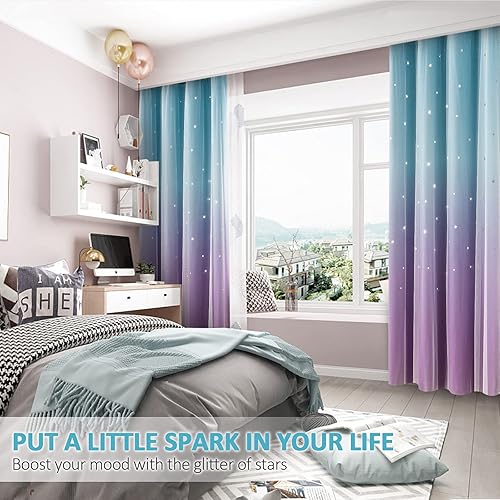 Miniatura 6 de Stiio Cortinas opacas con corte de estrella para dormitorio de niñas, 2 paneles, cortinas opacas 2 en 1 con bloqueo de luz con ojales transparentes