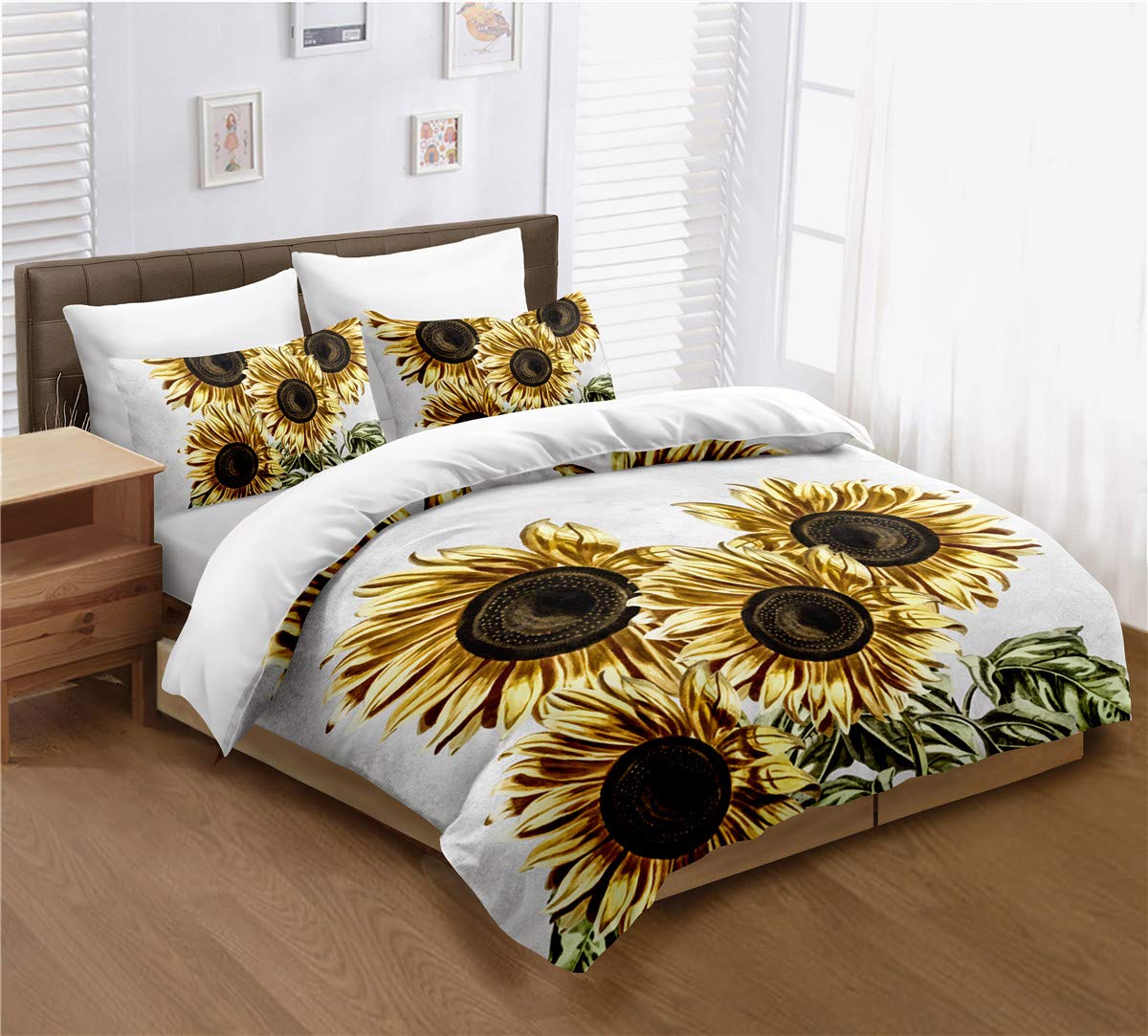 ayigu 3 Pieces Duvet Cover Set King Size Multi-Colored Sunflowers Leaf Floral Bedding 1 Duvet Cover 2 Pillowcases Luxury Quality Soft Breathable for Kids Boys Girls Children