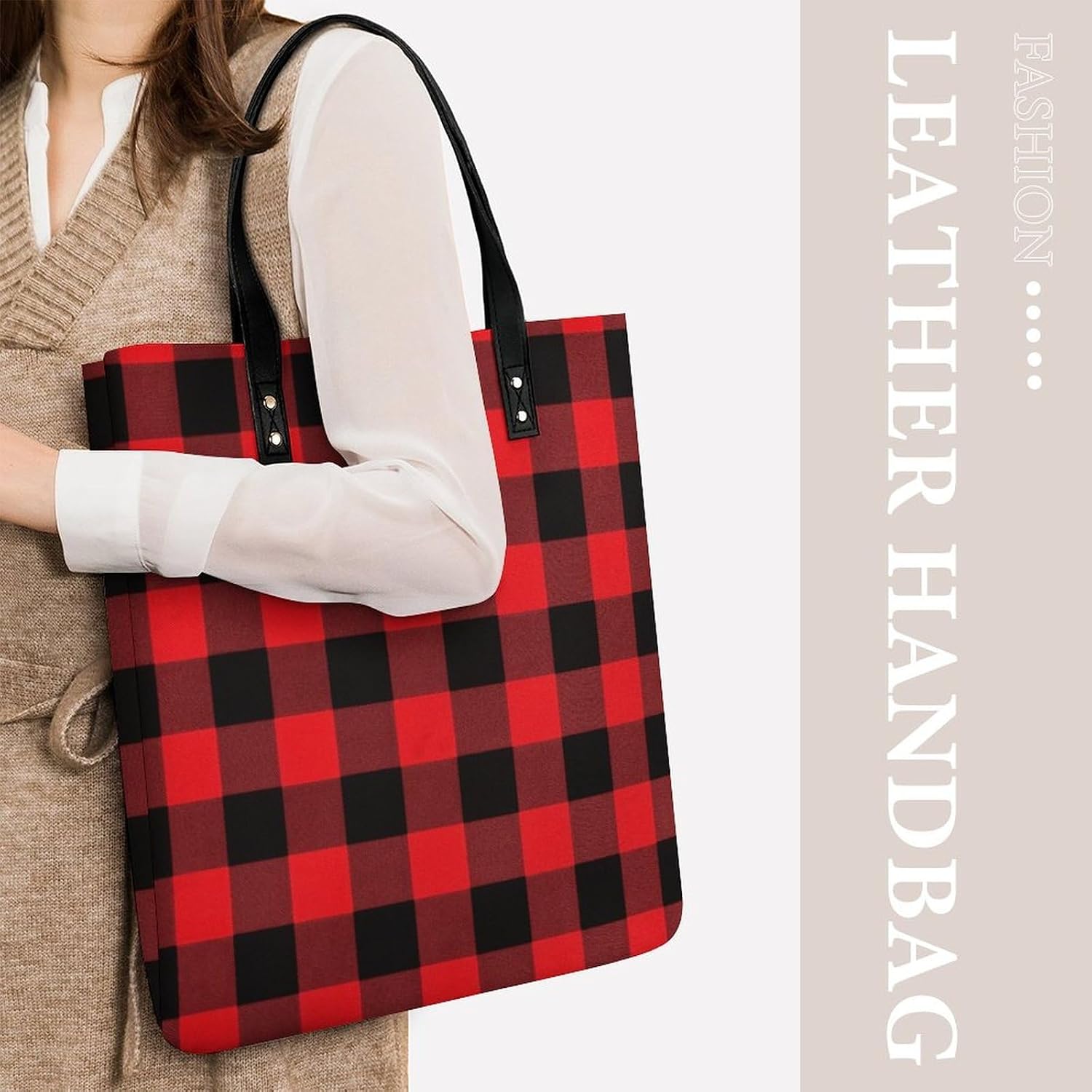 Buffalo Check Handbags Large Capacity, Tote Bag Stylish Slouchy, Shoulder Bags for Work Beach Travel And Shopping Grocery.