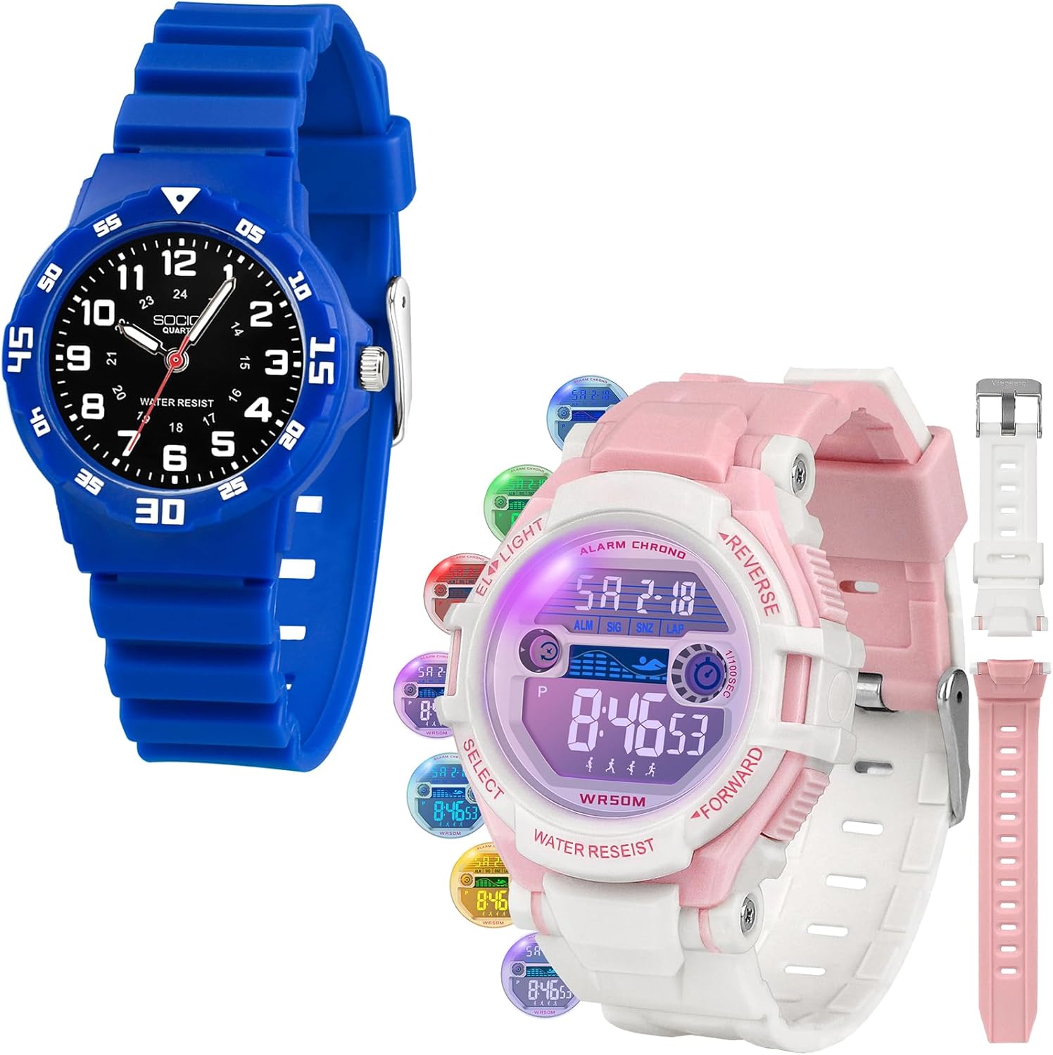 SOCICO Kids Analog and Digital Watches for Boys Teen Girls, 7 Color Lights Waterproof Sports Watch for Kids with Stopwatch Alarm and Analog Watch, Great Present for Girls Ages 5-18 Teenagers