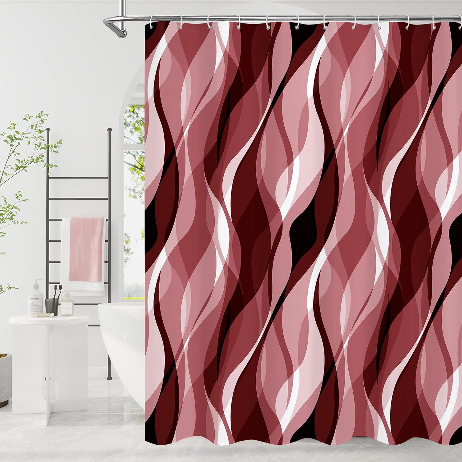 Litabel Brown Black Wavy Ombre Shower Curtain with Luxury Striped Design, Waterproof Quick-Dry Fabric, Modern Abstract Bathroom Curtain Set with 12 Hooks, 72x72 Inches