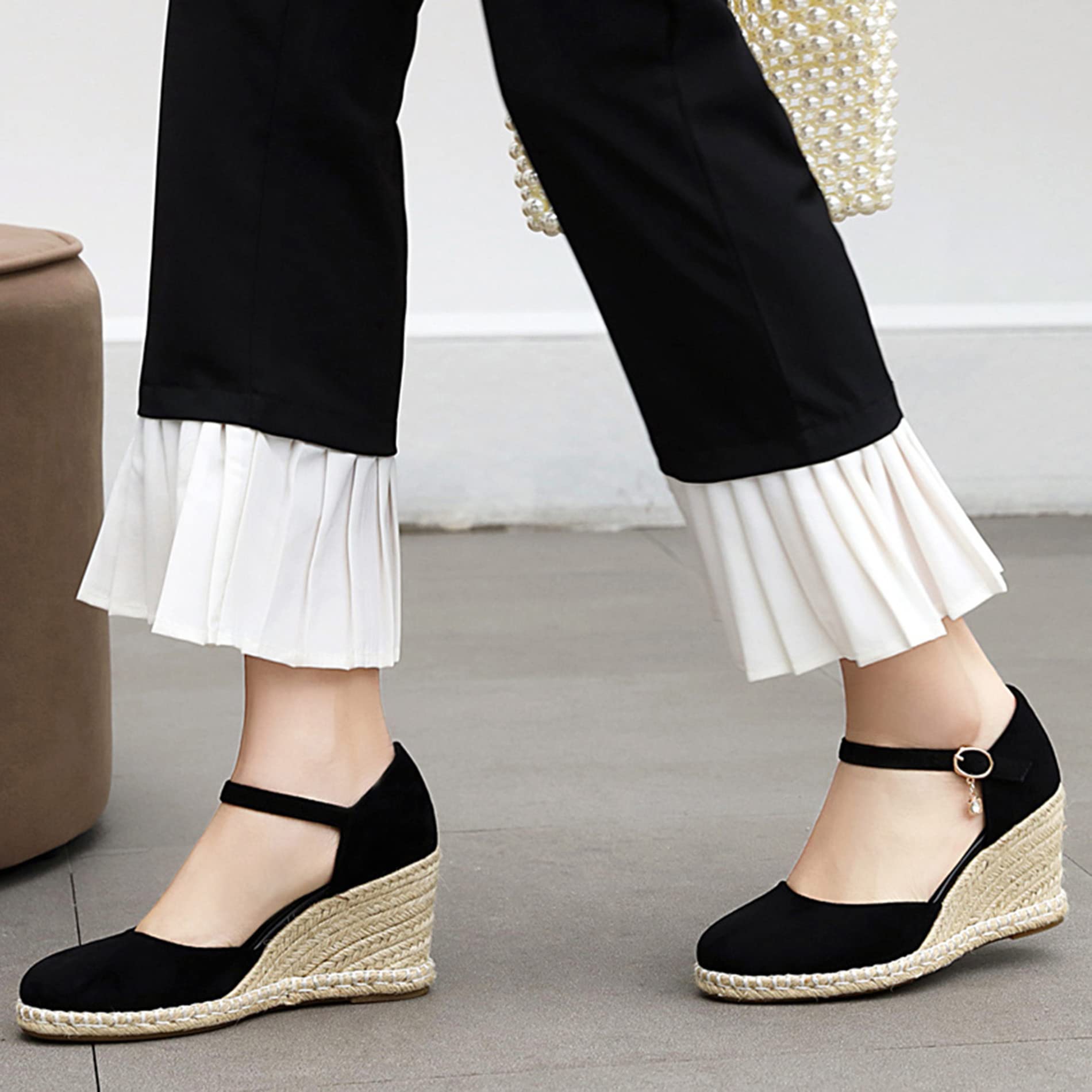 Espadrille con Tacco Alto Donna, Sandali Punta Rotonda Eleganti Zeppa Scarpe da Sera con Plateau Fibbia con Cinturino Alla Caviglia Bow, Numero 31-44