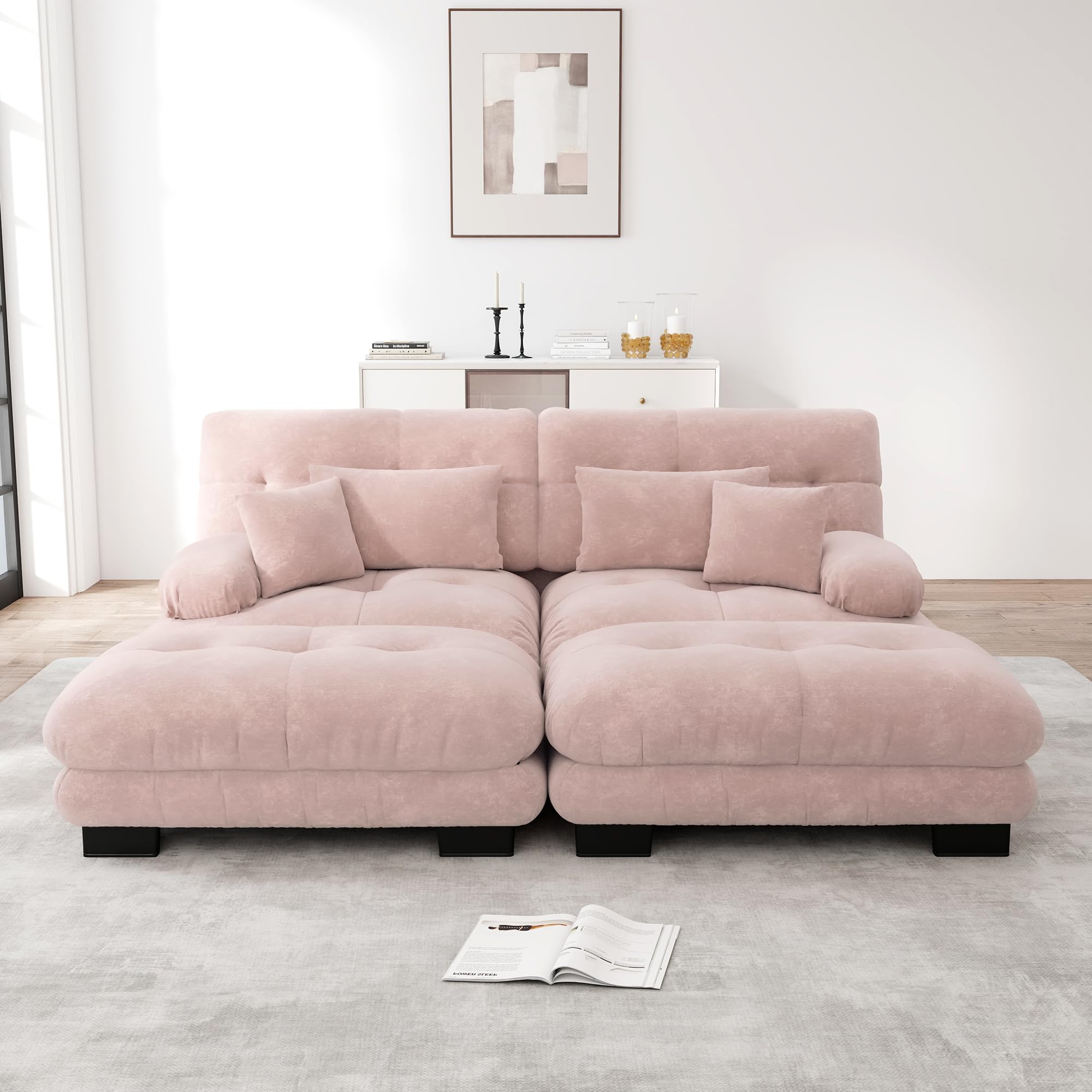 Cloud Divano angolare in ciniglia, 2 cuscini lombari, 2 cuscini decorativi, divano imbottito con braccioli larghi, 2 ottomani ciniglia rosa per soggiorno