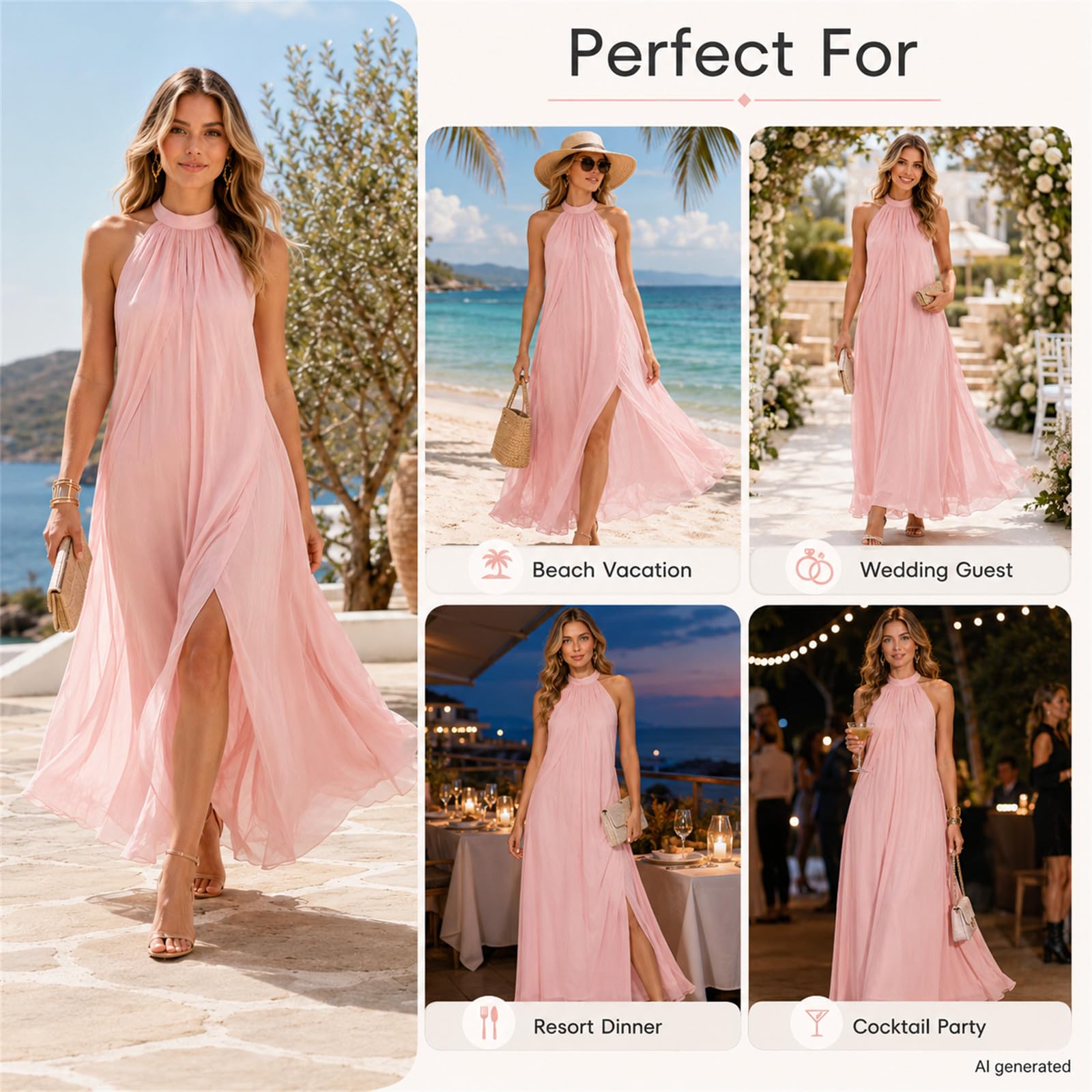 Abito lungo da donna con scollo all'americana e schiena scoperta, con spacco alto, in chiffon, estivo, per matrimoni, vacanze, cocktail party