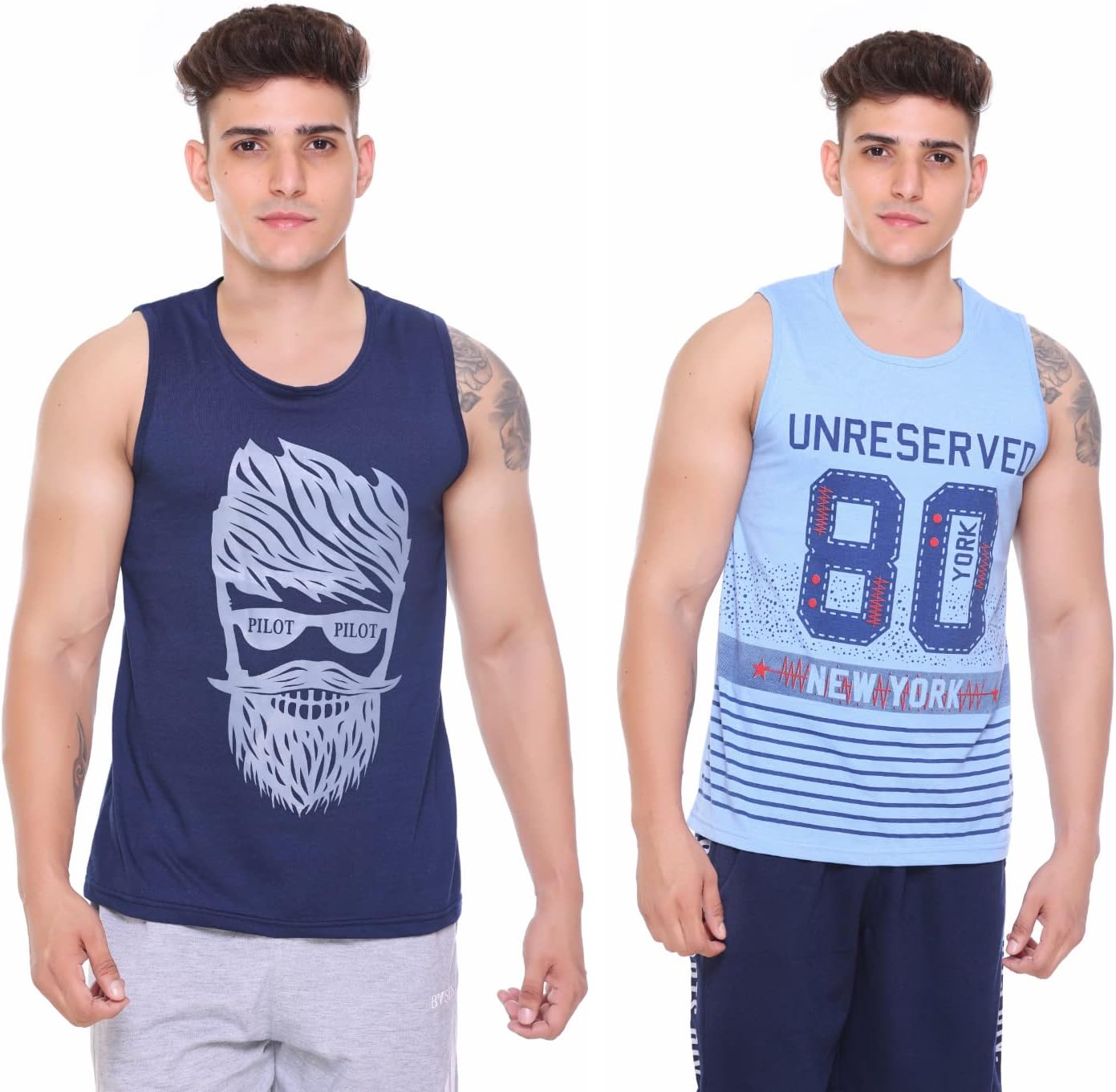 TOLLFREE Sleeveless Cotton Printed Vest for Men - Gym T Shirts || Tank Top Sando || Workout Tshirts || Sports Vest || Goa Beach Wear Swimming T-Shirt || Running Tops || Gym Vest for Men (Pack of 2)
