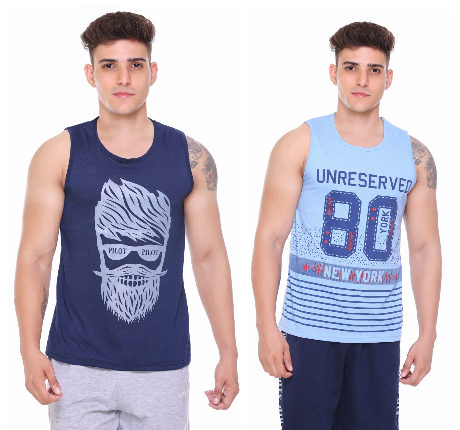 TOLLFREE Sleeveless Cotton Printed Vest for Men - Gym T Shirts || Tank Top Sando || Workout Tshirts || Sports Vest || Goa Beach Wear Swimming T-Shirt || Running Tops || Gym Vest for Men (Pack of 2)