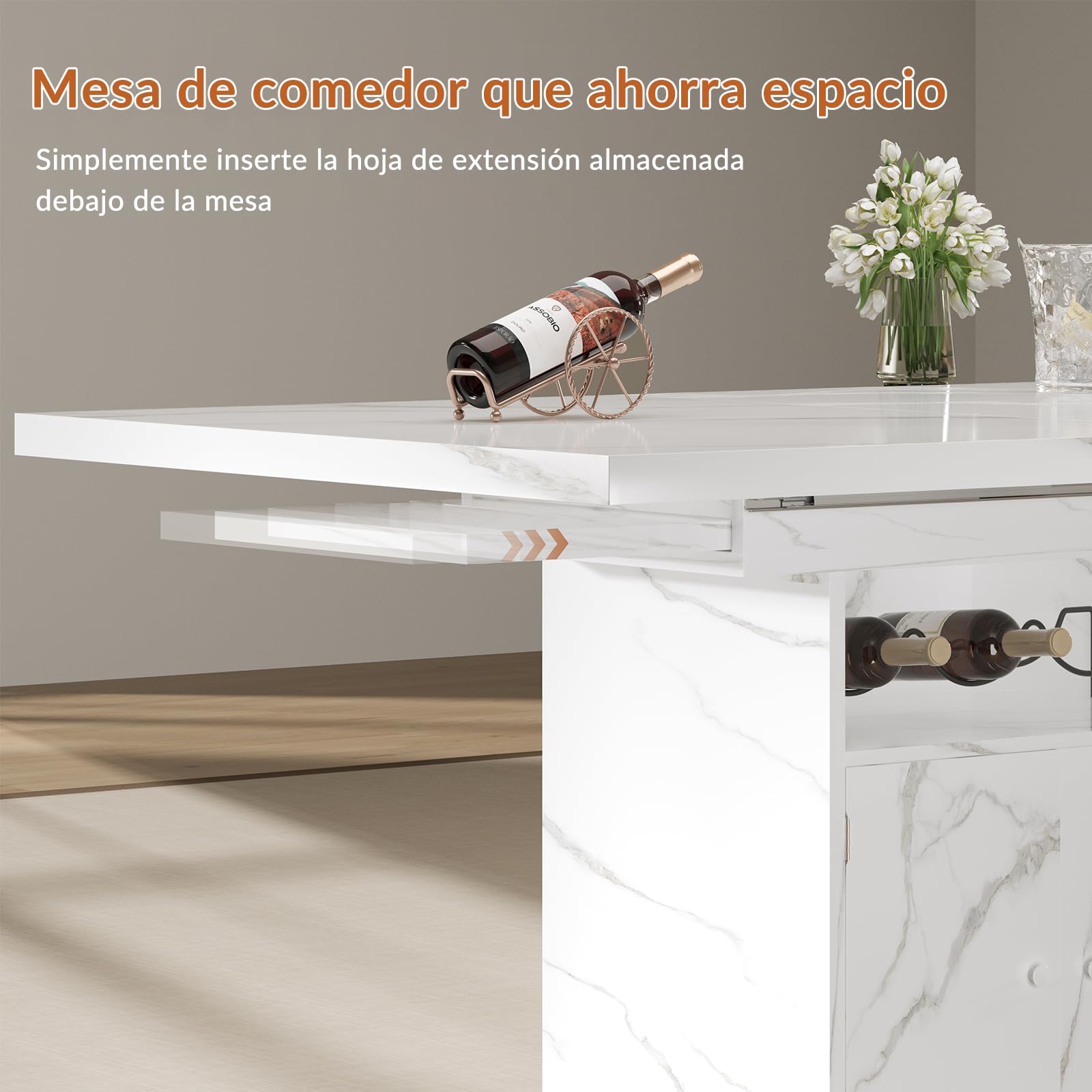Mesa de Comedor Extensible, Mesa Rectangular,Blanca Efecto mármol, con Estante para vinos y Armario, 120 (160) x 80 x 76 cm, para 4-8 Personas