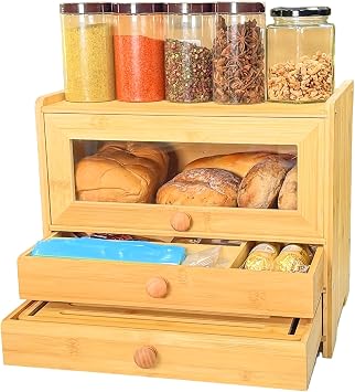 Bamboo Bread Box for Kitchen Countertop & Dining Room,Wooden Storage with Display Compartment & Built-in Bread Slicer,Eco-Friendly Organizer for Homemakers, Bakers & Bread Lovers