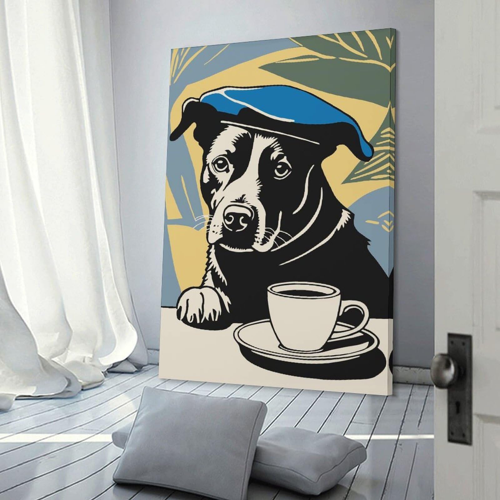 Junmoney Canvas Art Print Dog in Beret with Coffee, 24x36inch(60x90cm), for Gallery Wall Decor And Room Displays, Wall Decor Suited to Curated Displays