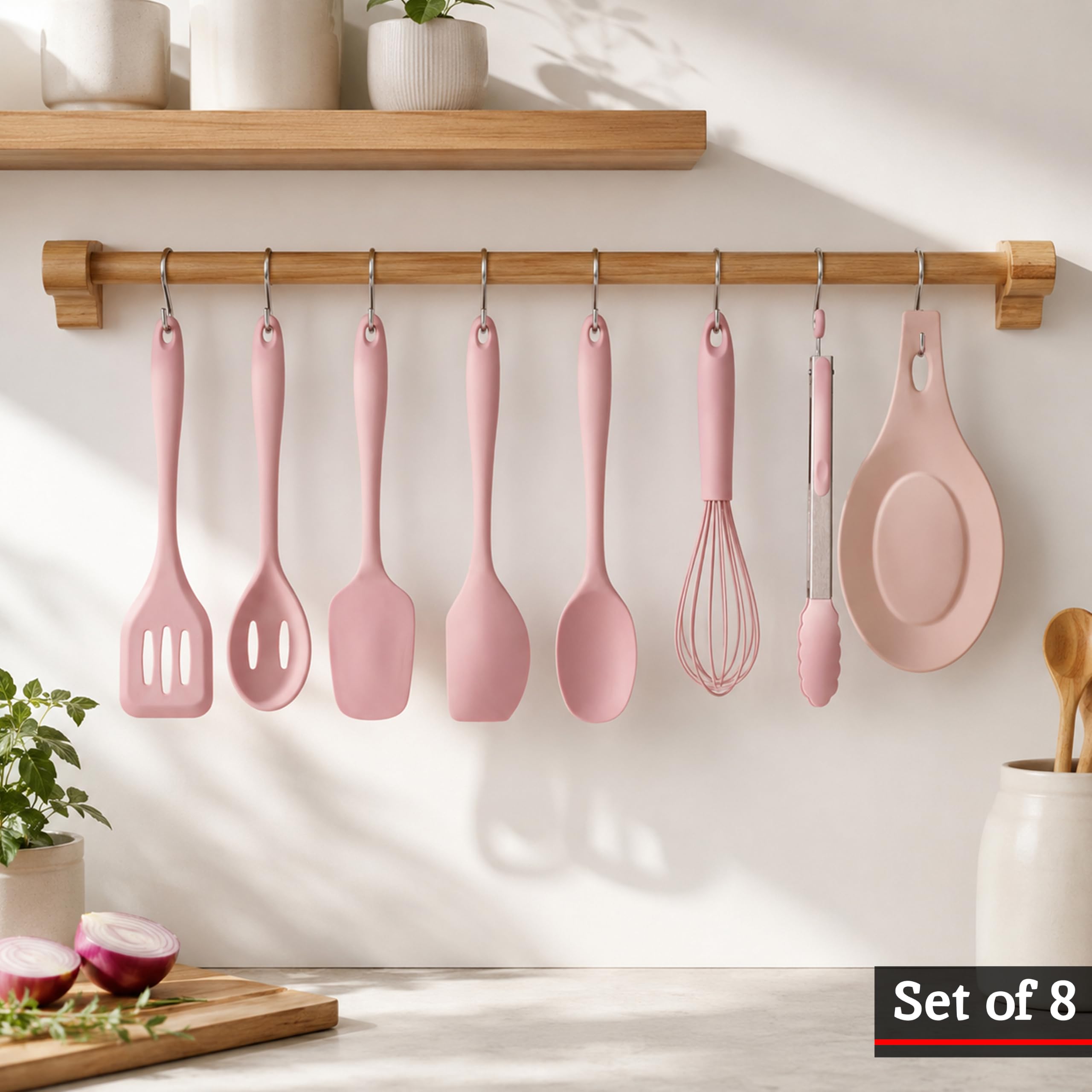 Premier Housewares - Juego de cocina de silicona antiadherente (8 piezas), color rosa claro