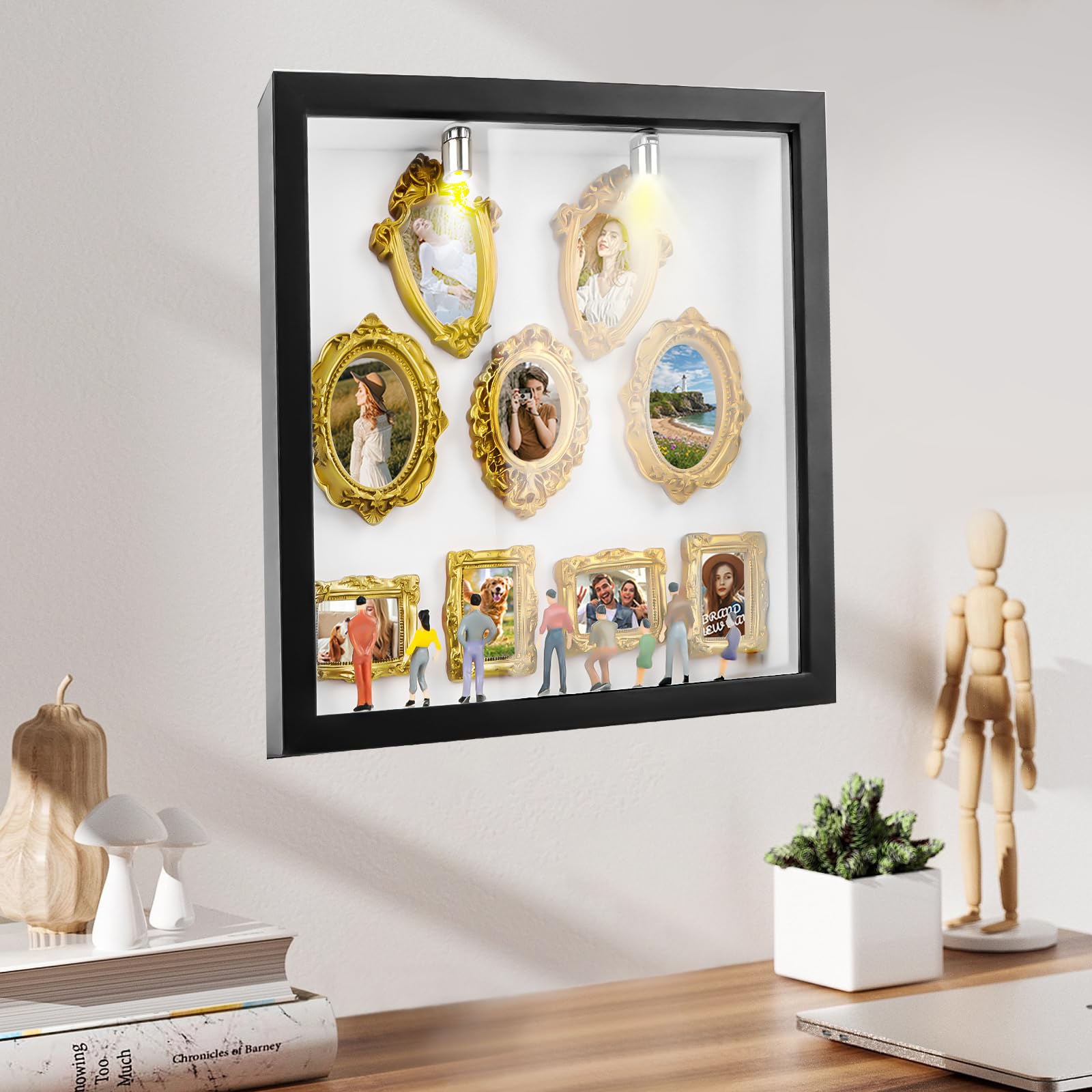 Mini boîte de silhouette de musée DIY avec 8 mini cadres dorés et 8 figurines aléatoires, cadre photo créatif avec lumière LED pour anniversaire, mariage, décoration de la maison