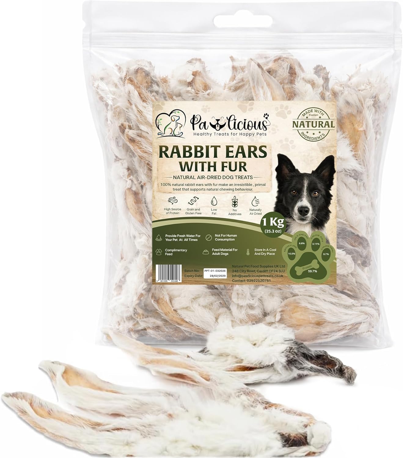 PAWLICIOUS 1kg Rabbit Ears with Fur for Dogs, 70–85 Hairy Ears,100% Natural Air-Dried Raw Dog Food Treat, Hypoallergenic Chew for Puppies, Adults & Seniors, Grain & Gluten Free